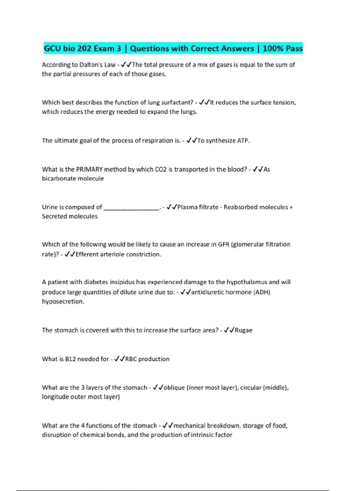 GCU bio 202 Exam 3 | Questions with Correct Answers | 100% Pass - GCU ...