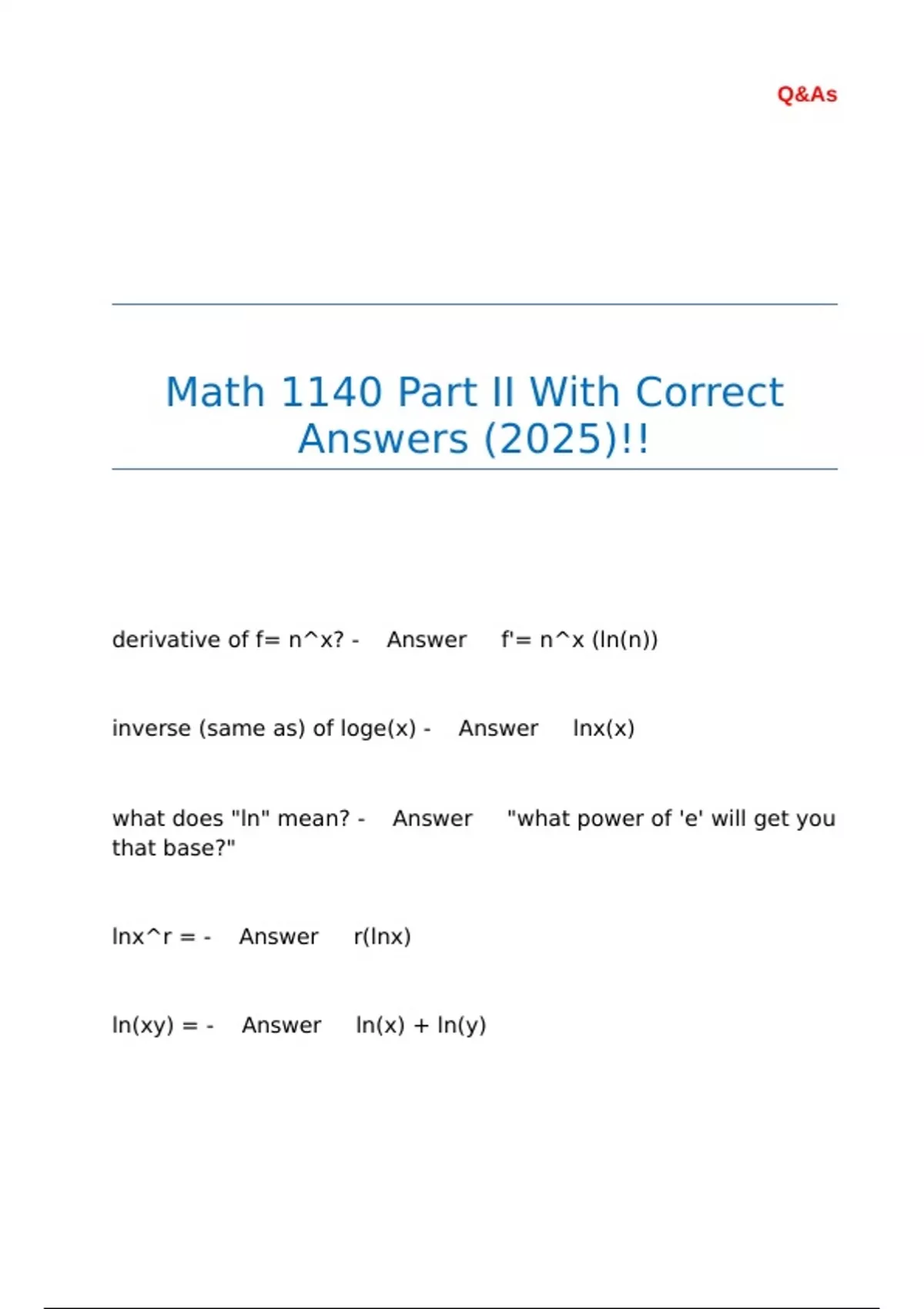 Uvat Math Math 1140 Part II With Correct Answers (2025)!! - MATH 1140 - Stuvia US