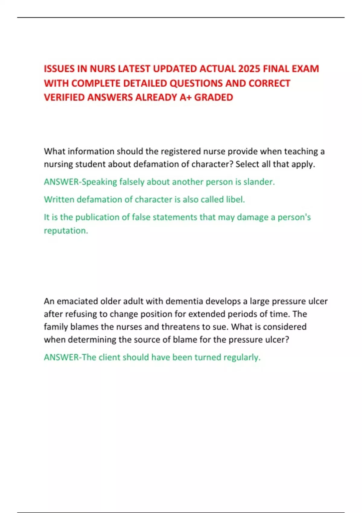 ISSUES IN NURS LATEST UPDATED ACTUAL 2025 FINAL EXAM WITH COMPLETE ...