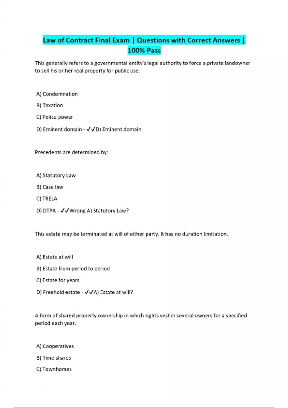 Law of Contract Final Exam | Questions with Correct Answers | 100% Pass ...