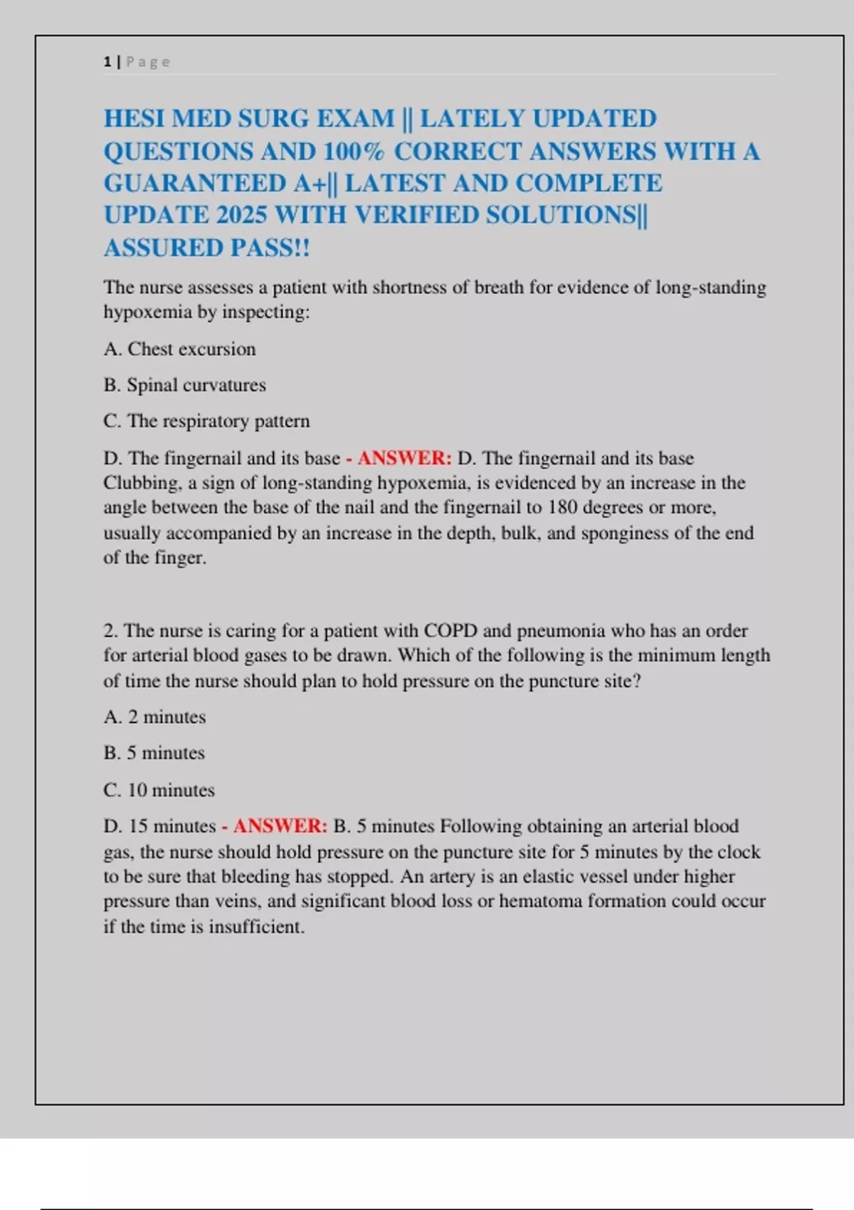 HESI MED SURG EXAM || LATELY UPDATED QUESTIONS AND 100% CORRECT ANSWERS ...