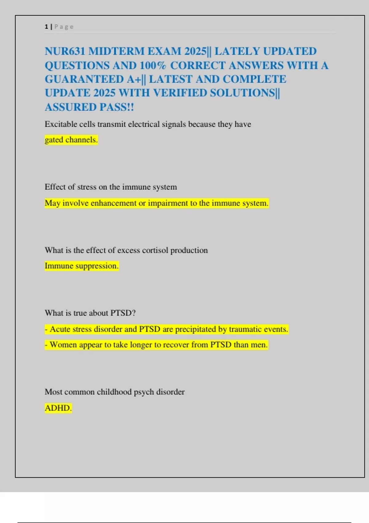 NUR631 MIDTERM EXAM 2025|| LATELY UPDATED QUESTIONS AND 100% CORRECT ...