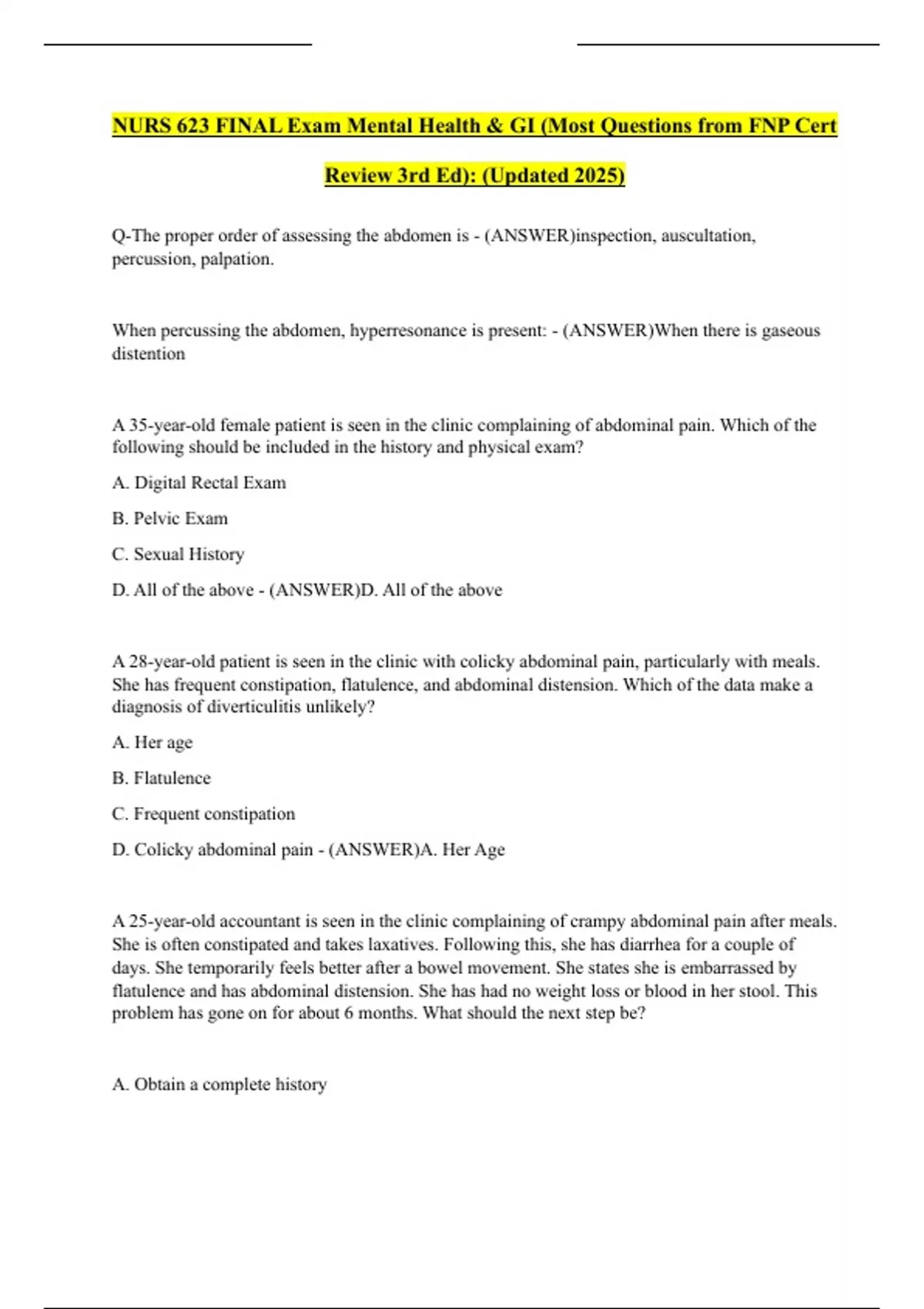 NURS 623 FINAL Exam Mental Health & GI (Most Questions from FNP Cert ...