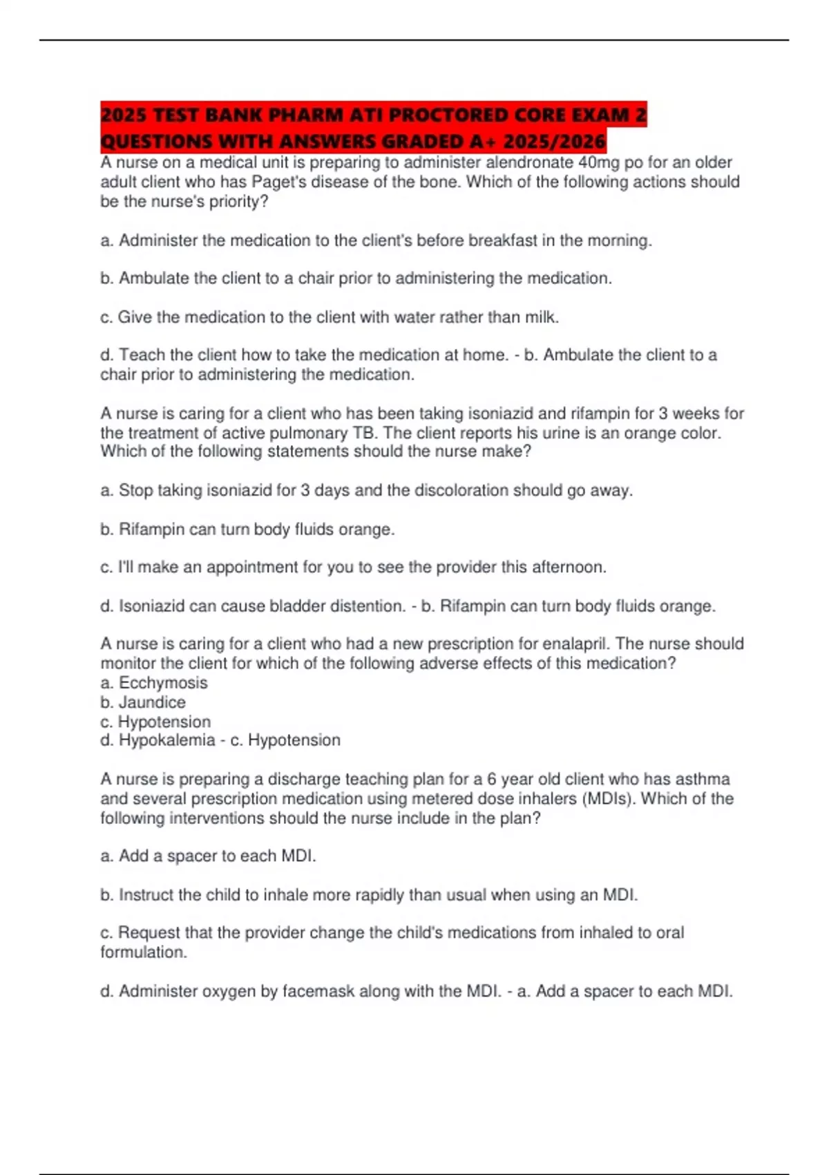 2025 TEST BANK PHARM ATI PROCTORED CORE EXAM 2 QUESTIONS WITH ANSWERS ...
