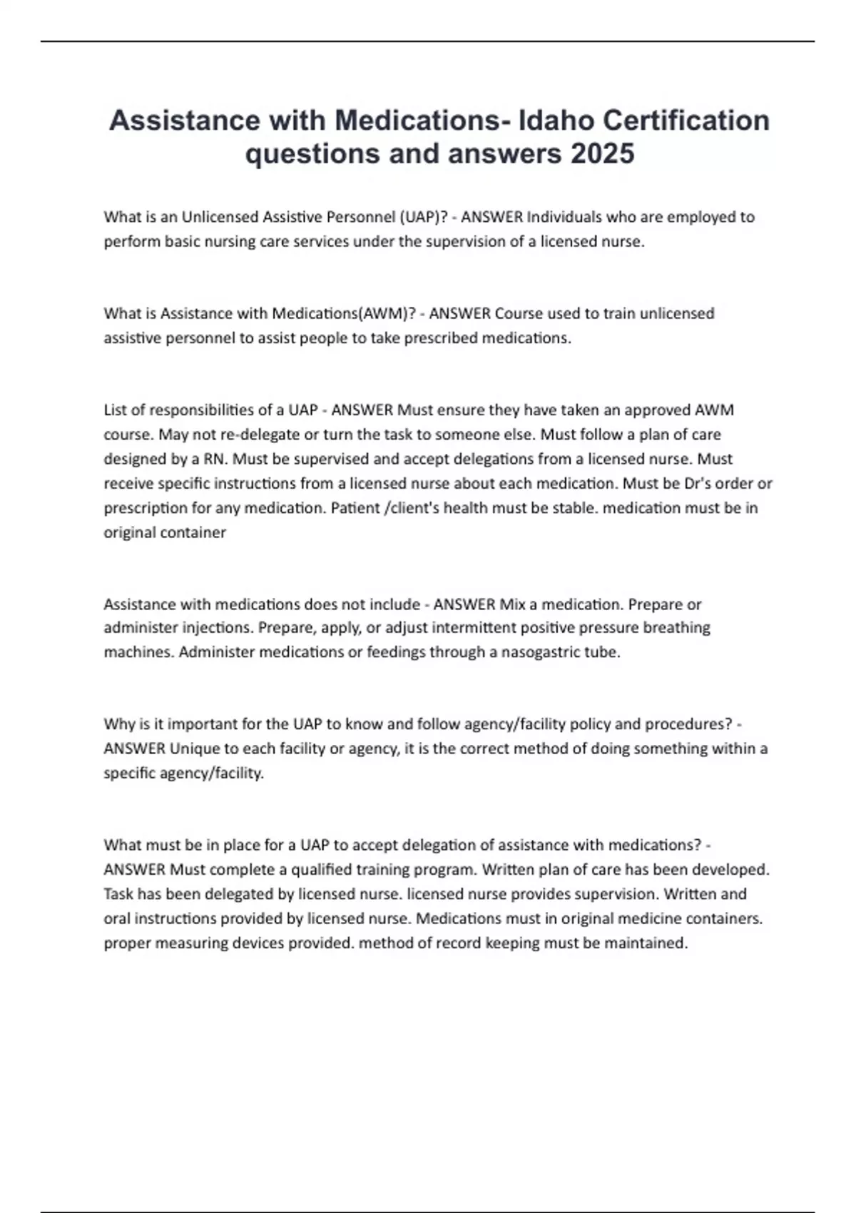 Assistance with Medications Idaho Certification questions and answers