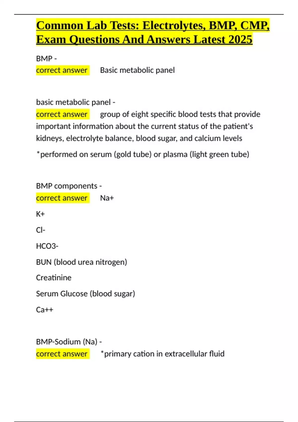 Common Lab Tests Electrolytes, BMP, CMP, Exam Questions And Answers ...