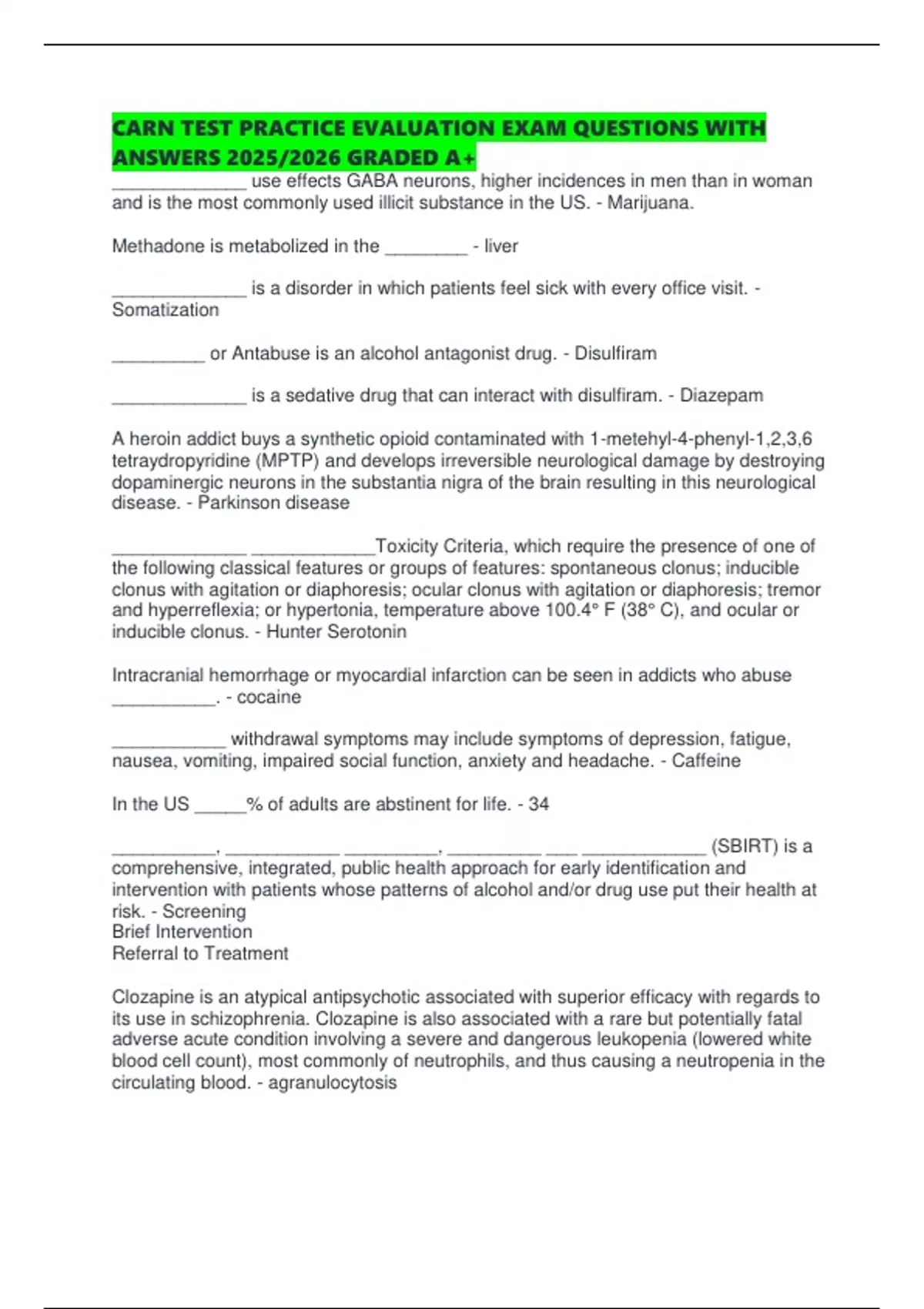 CARN TEST PRACTICE EVALUATION EXAM QUESTIONS WITH ANSWERS 2025/2026 ...