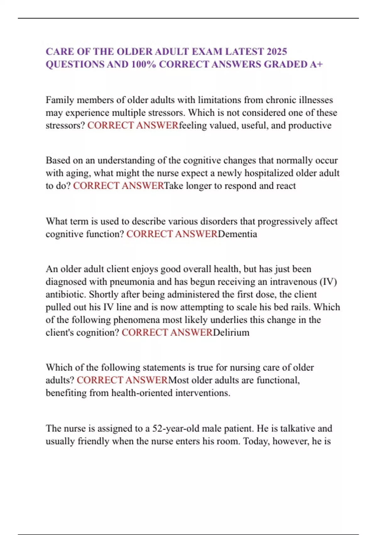 CARE OF THE OLDER ADULT EXAM LATEST 2025 QUESTIONS AND 100% CORRECT ...