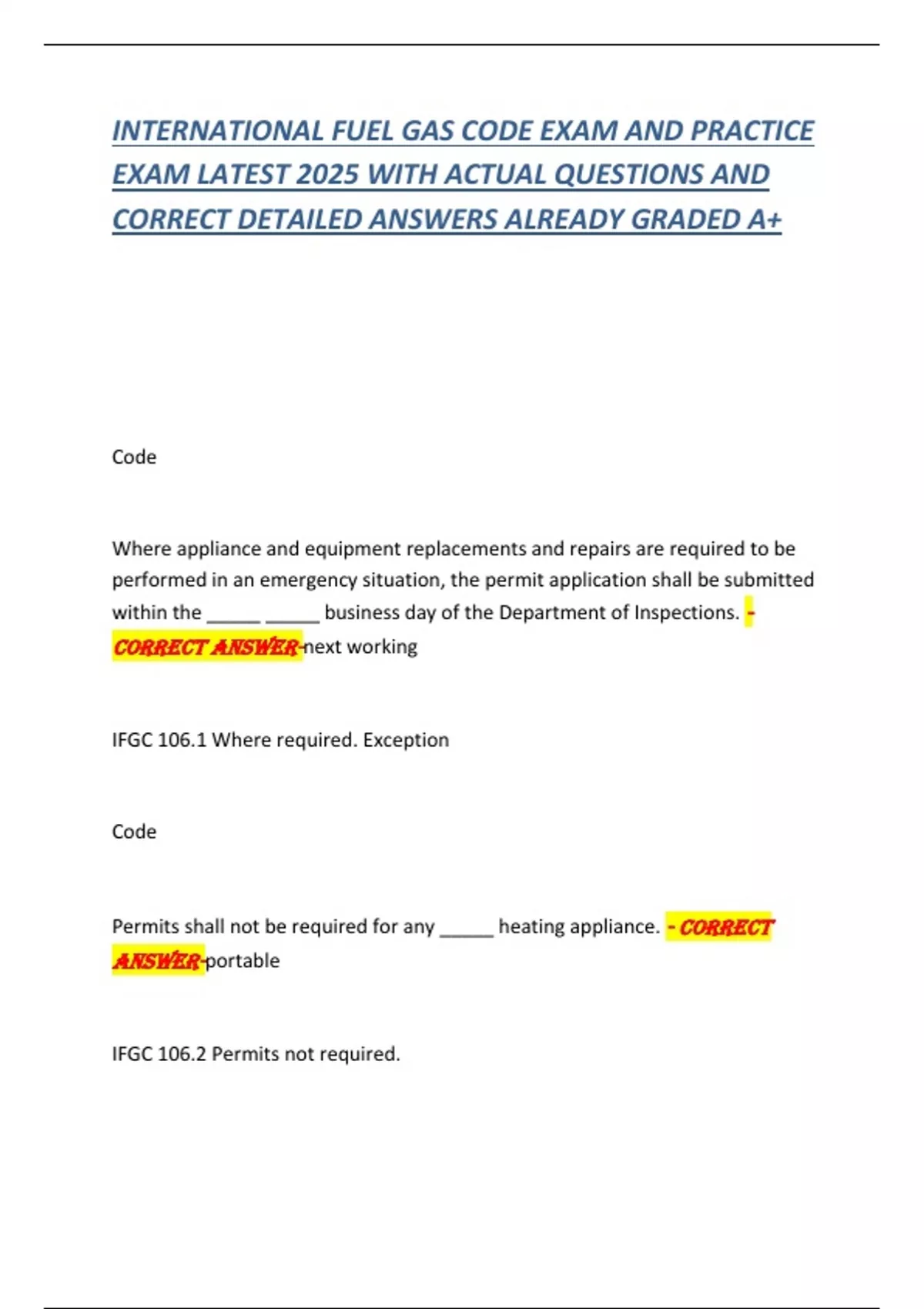 Gas Code Questions Worksheet INTERNATIONAL FUEL GAS CODE EXAM AND PRACTICE EXAM LATEST 2025 WITH ...