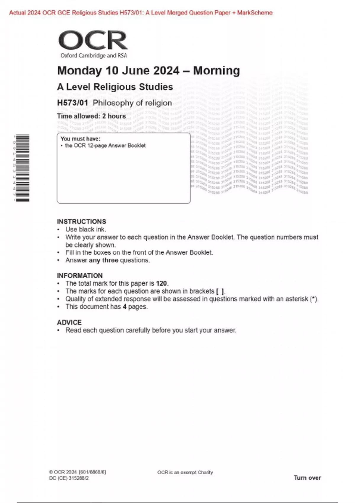 Actual 2024 OCR GCE Religious Studies H573 01 Philosophy Of Religion A 