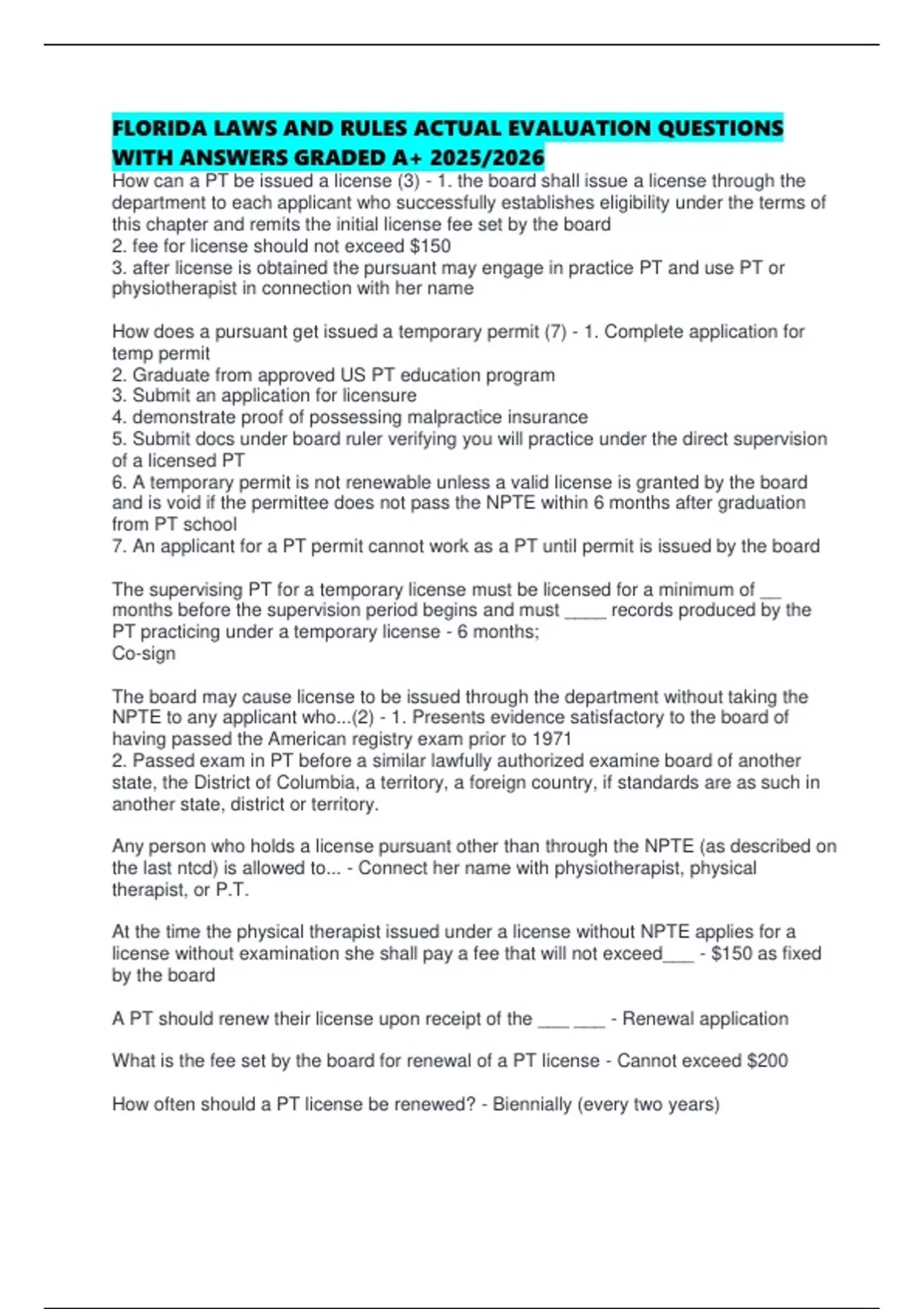FLORIDA LAWS AND RULES ACTUAL EVALUATION QUESTIONS WITH ANSWERS GRADED ...