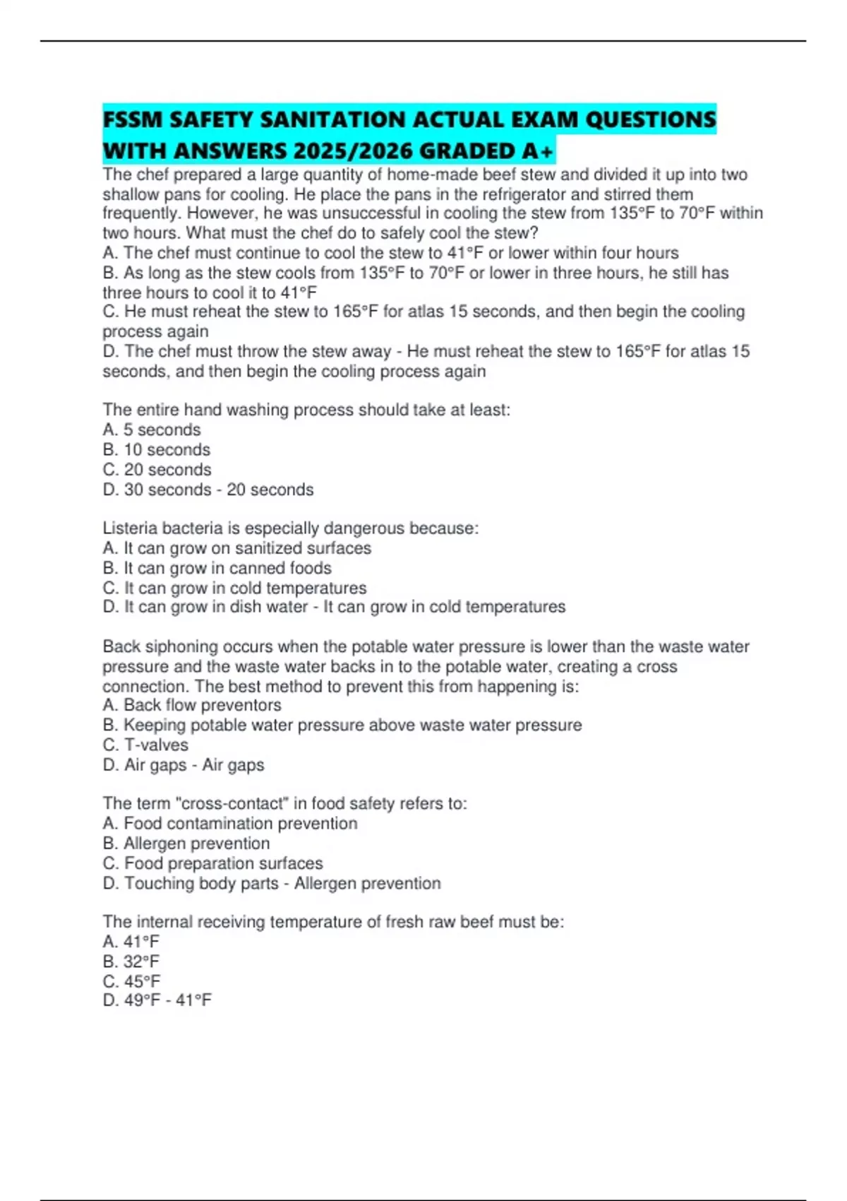 FSSM SAFETY SANITATION ACTUAL EXAM QUESTIONS WITH ANSWERS 2025/2026 ...