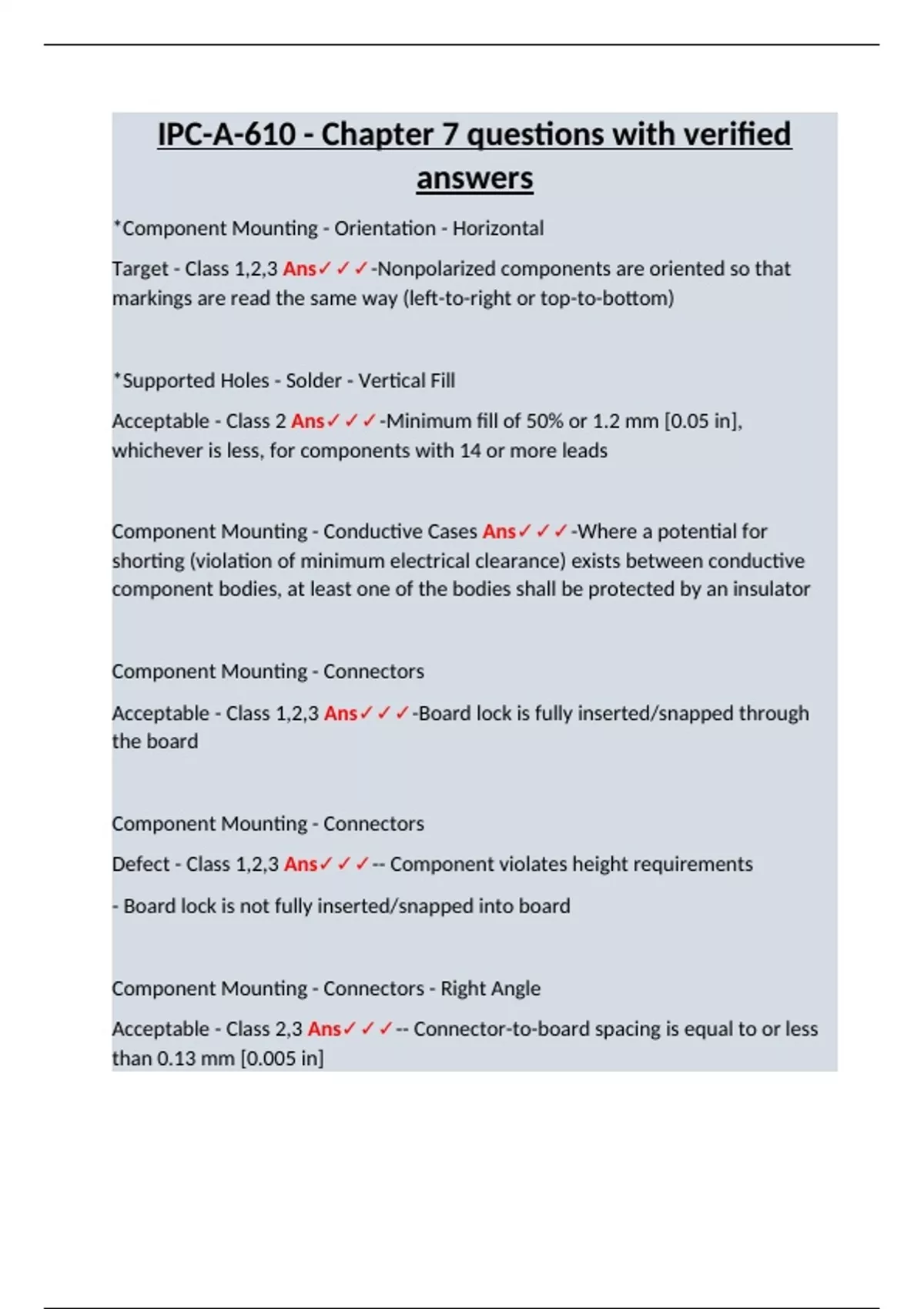 IPC-A-610 - Chapter 7 questions with verified answers - IPC A 610 ...
