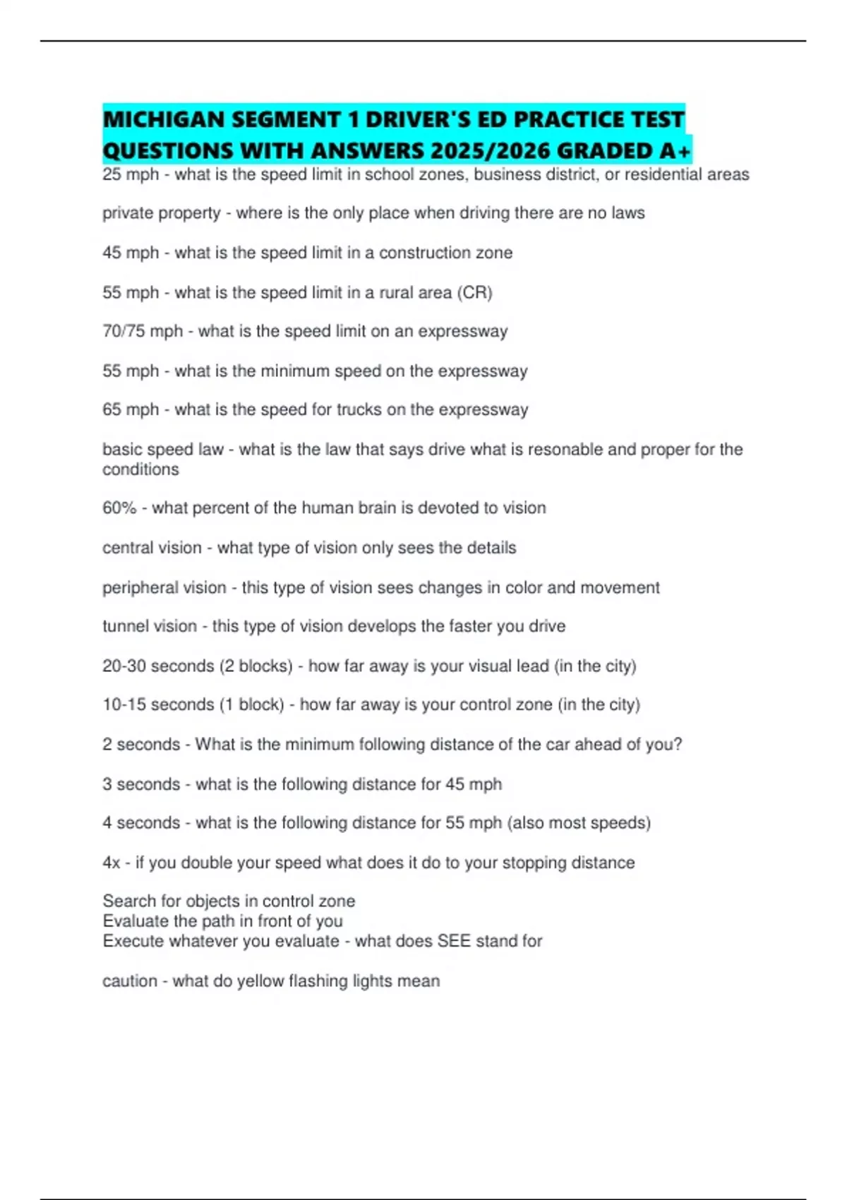 MICHIGAN SEGMENT 1 DRIVER'S ED PRACTICE TEST QUESTIONS WITH ANSWERS ...
