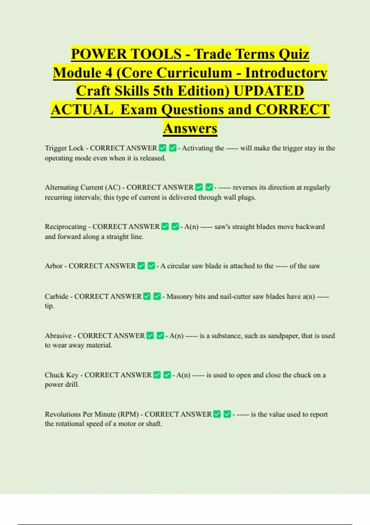 POWER TOOLS - Trade Terms Quiz Module 4 (Core Curriculum - Introductory ...