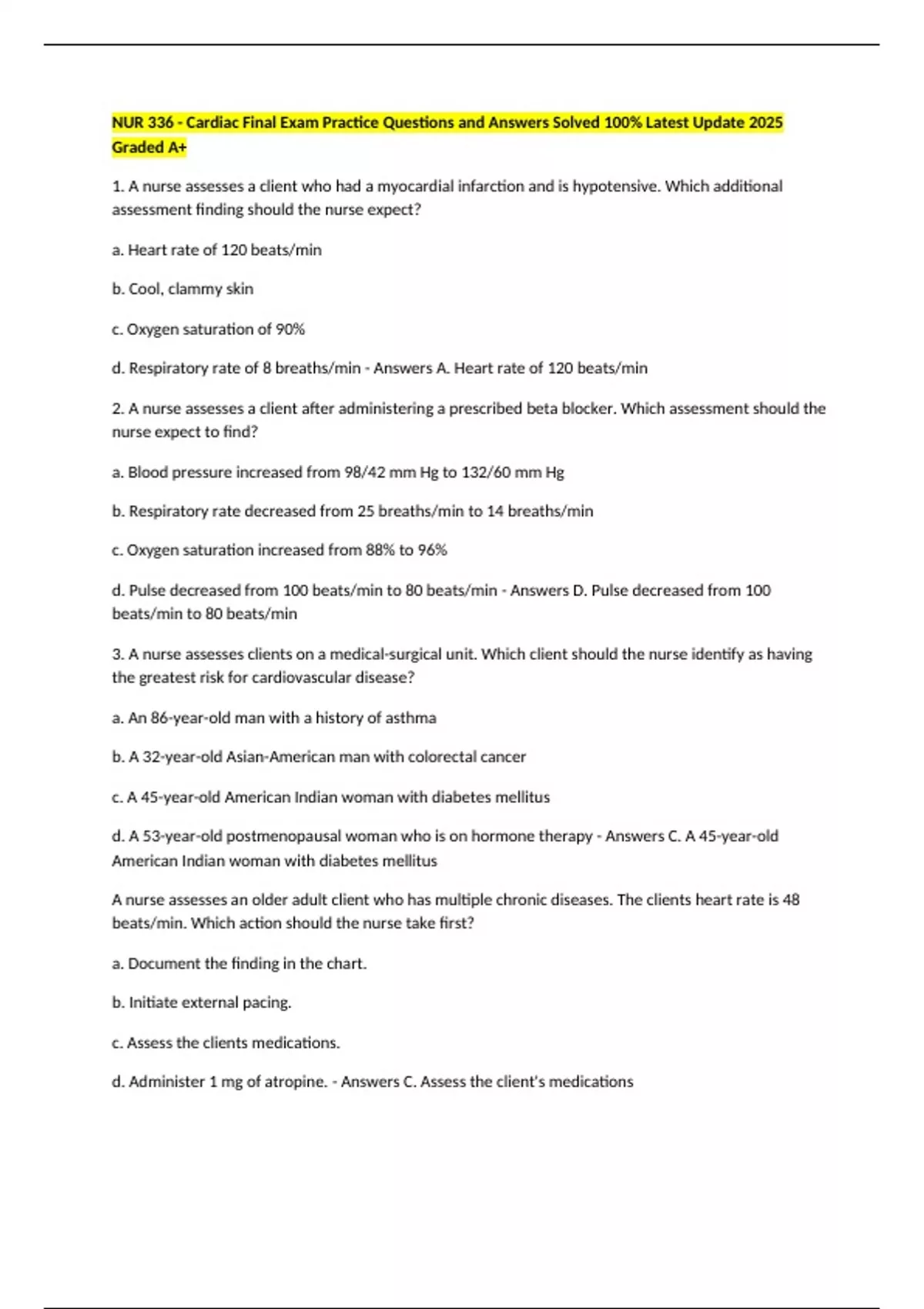 NUR 336 - Cardiac Final Exam Practice Questions and Answers Solved 100% ...