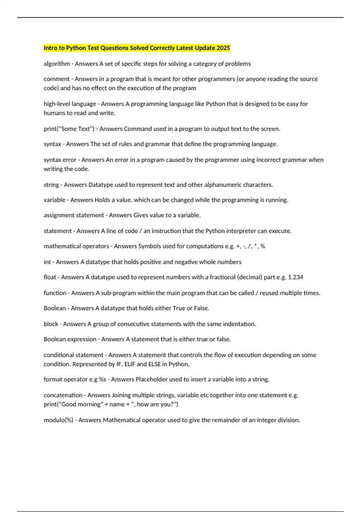 Intro to Python Test Questions Solved Correctly Latest Update 2025 ...