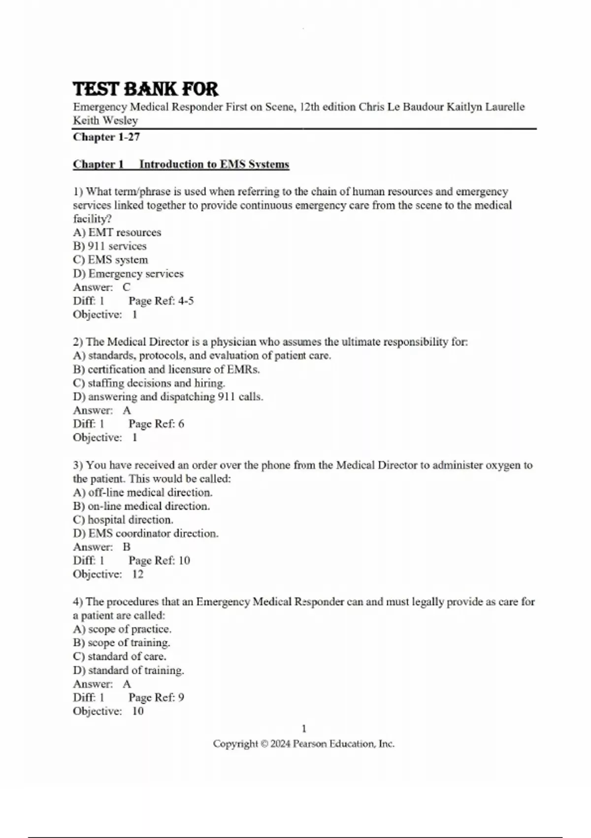 Medical First Repoder Report Test Bank For Emergency Medical Responder First on Scene, 12th Edition ...
