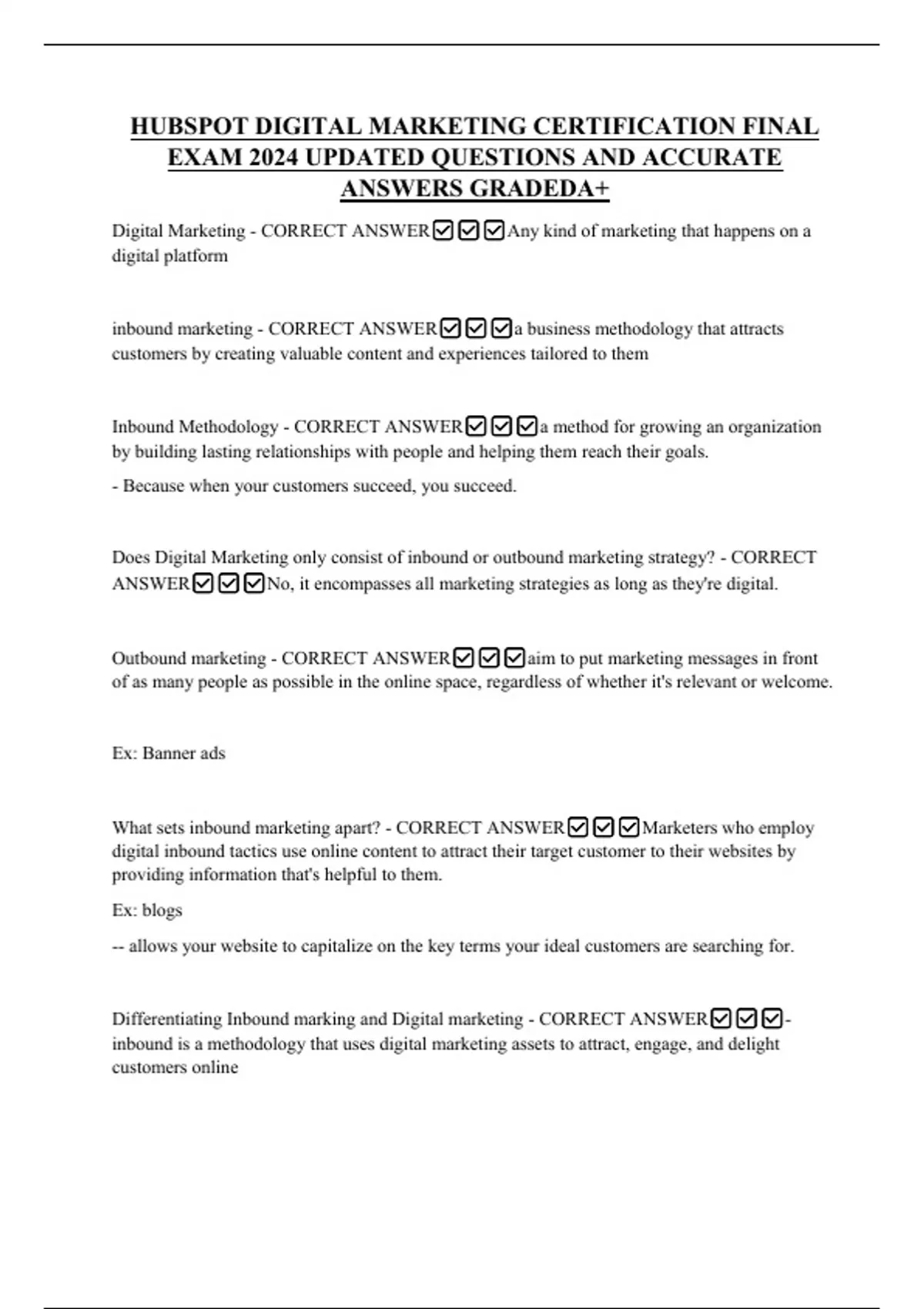 HUBSPOT DIGITAL MARKETING CERTIFICATION FINAL EXAM 2024 UPDATED QUESTIONS AND ACCURATE ANSWERS ...