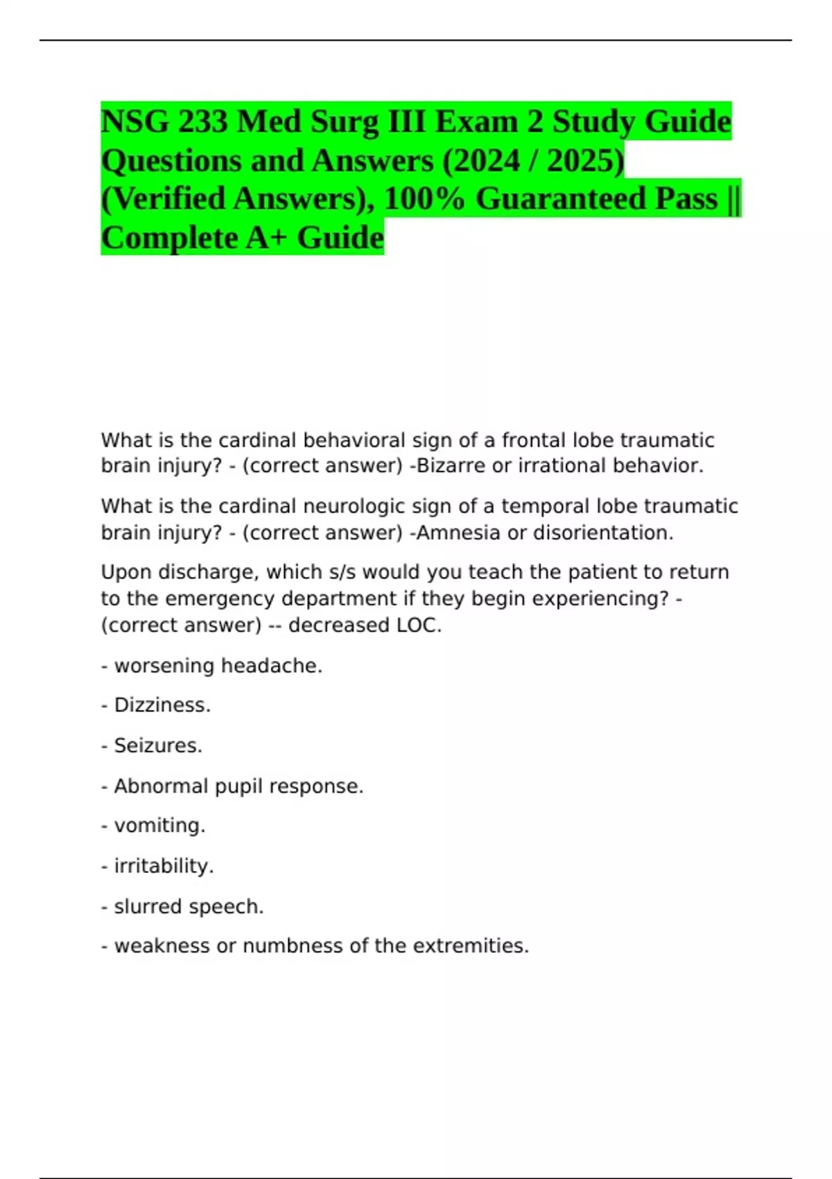 NSG 233 Med Surg III Exam 2 Study Guide Questions and Answers (2024 / ...