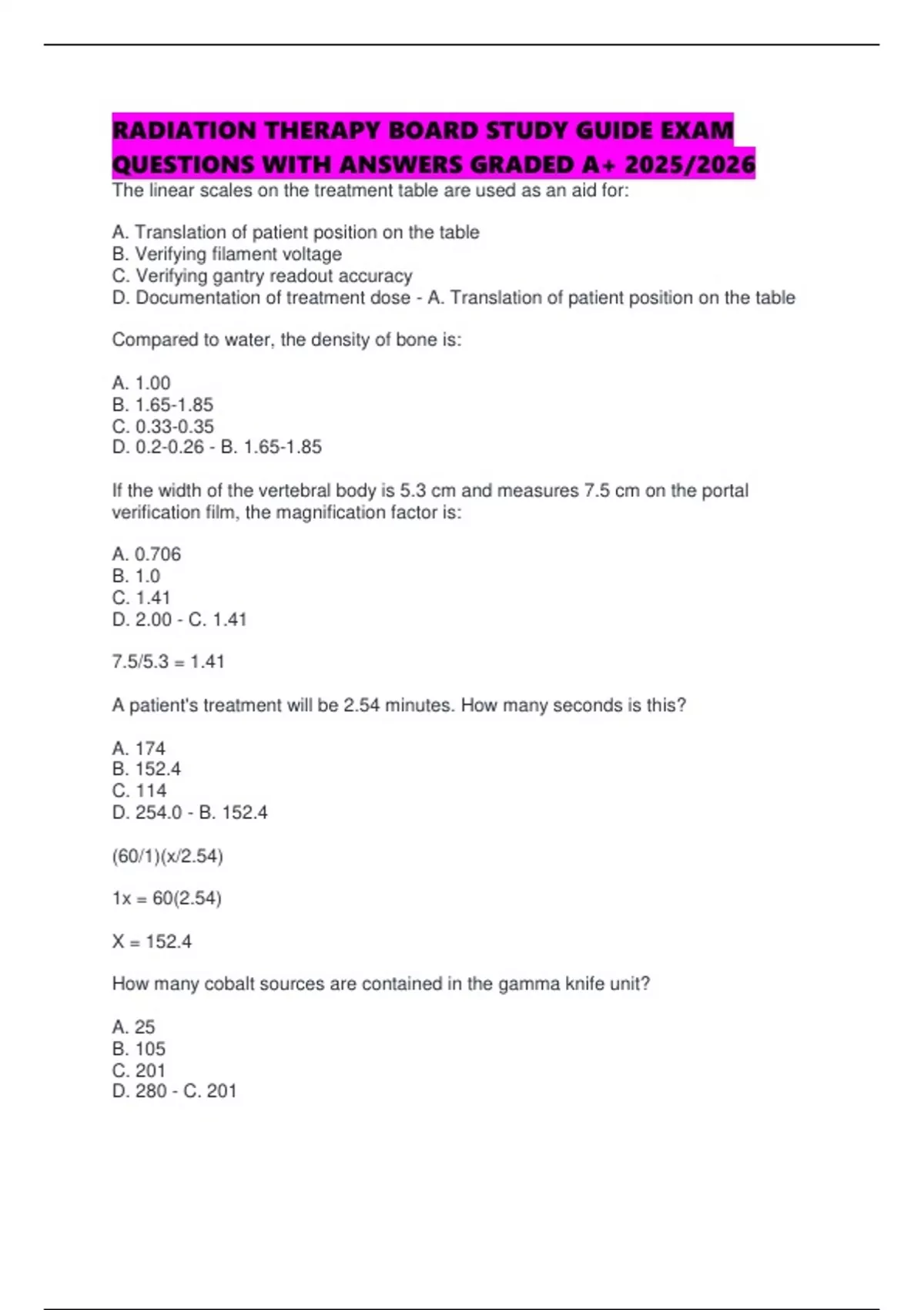 RADIATION THERAPY BOARD STUDY GUIDE EXAM QUESTIONS WITH ANSWERS GRADED ...