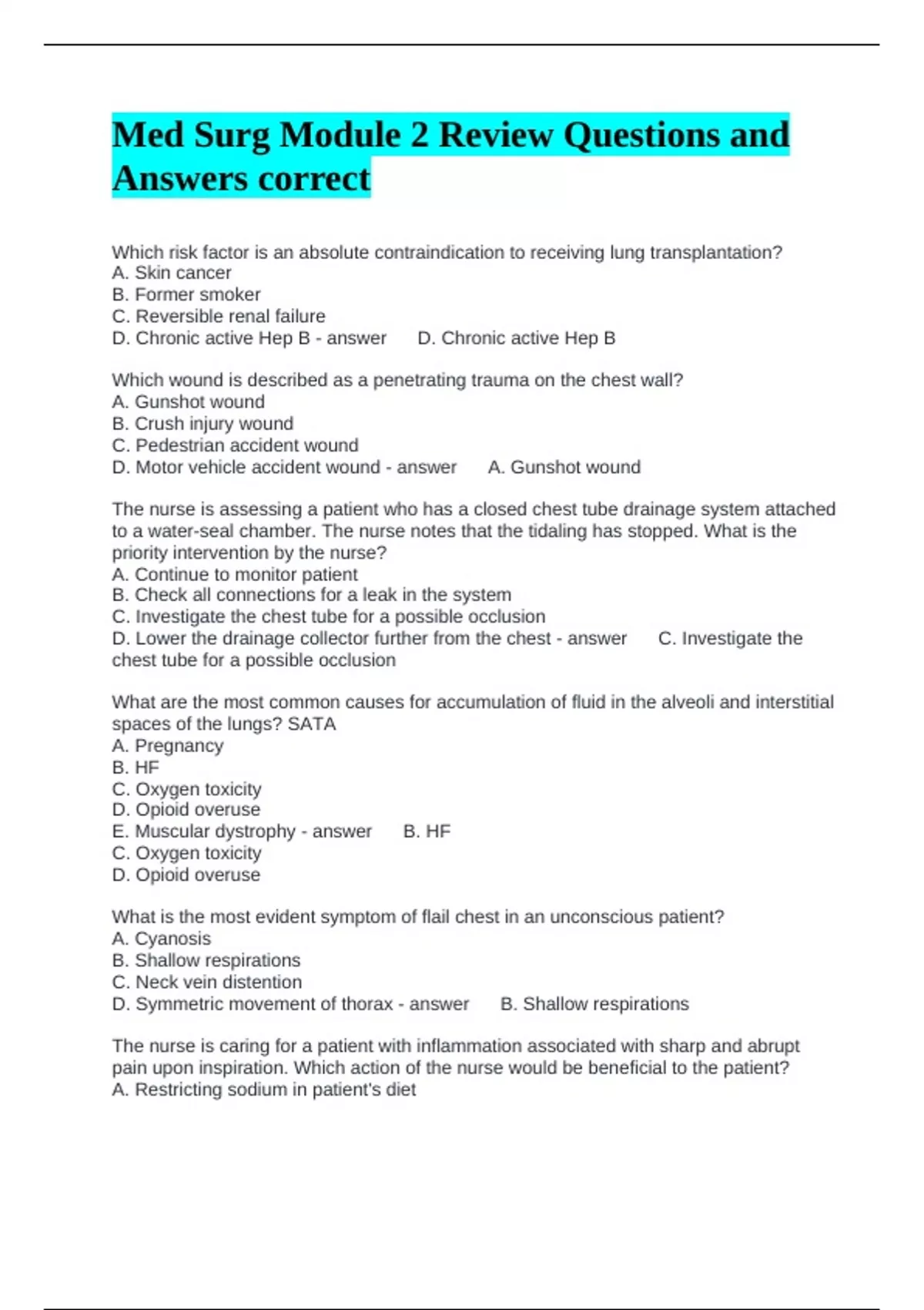 Med Surg Module 2 Review Questions and Answers correct - MED SURG ...