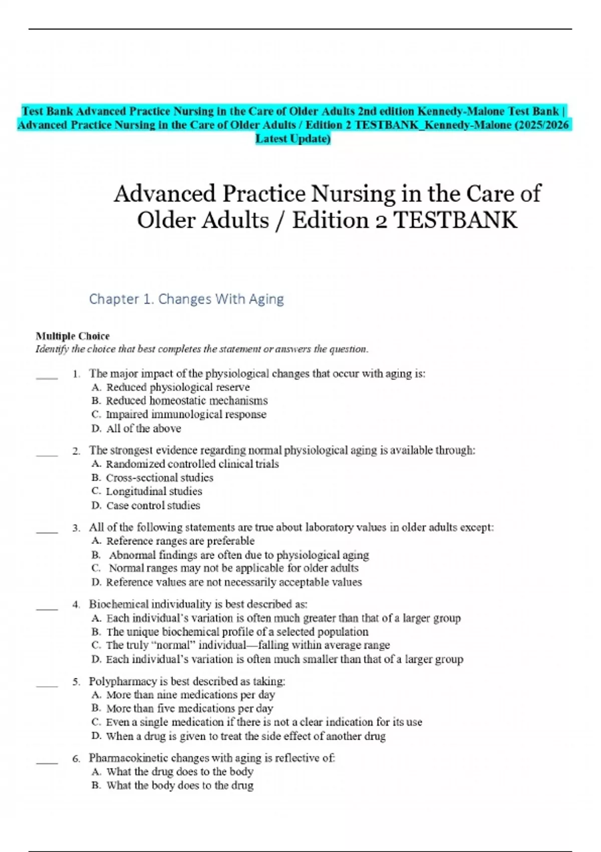 Test Bank Advanced Practice Nursing in the Care of Older Adults 2nd ...