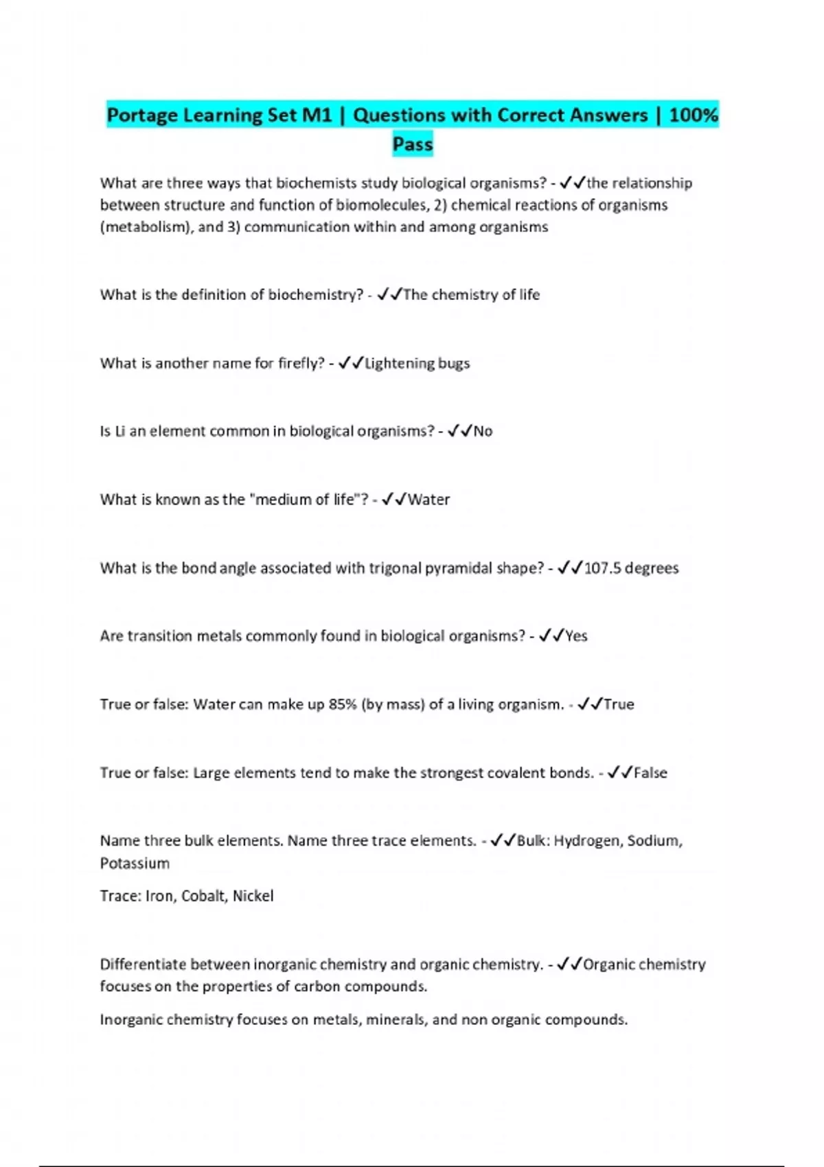 Portage Learning Set M1 | Questions with Correct Answers | 100% Pass ...