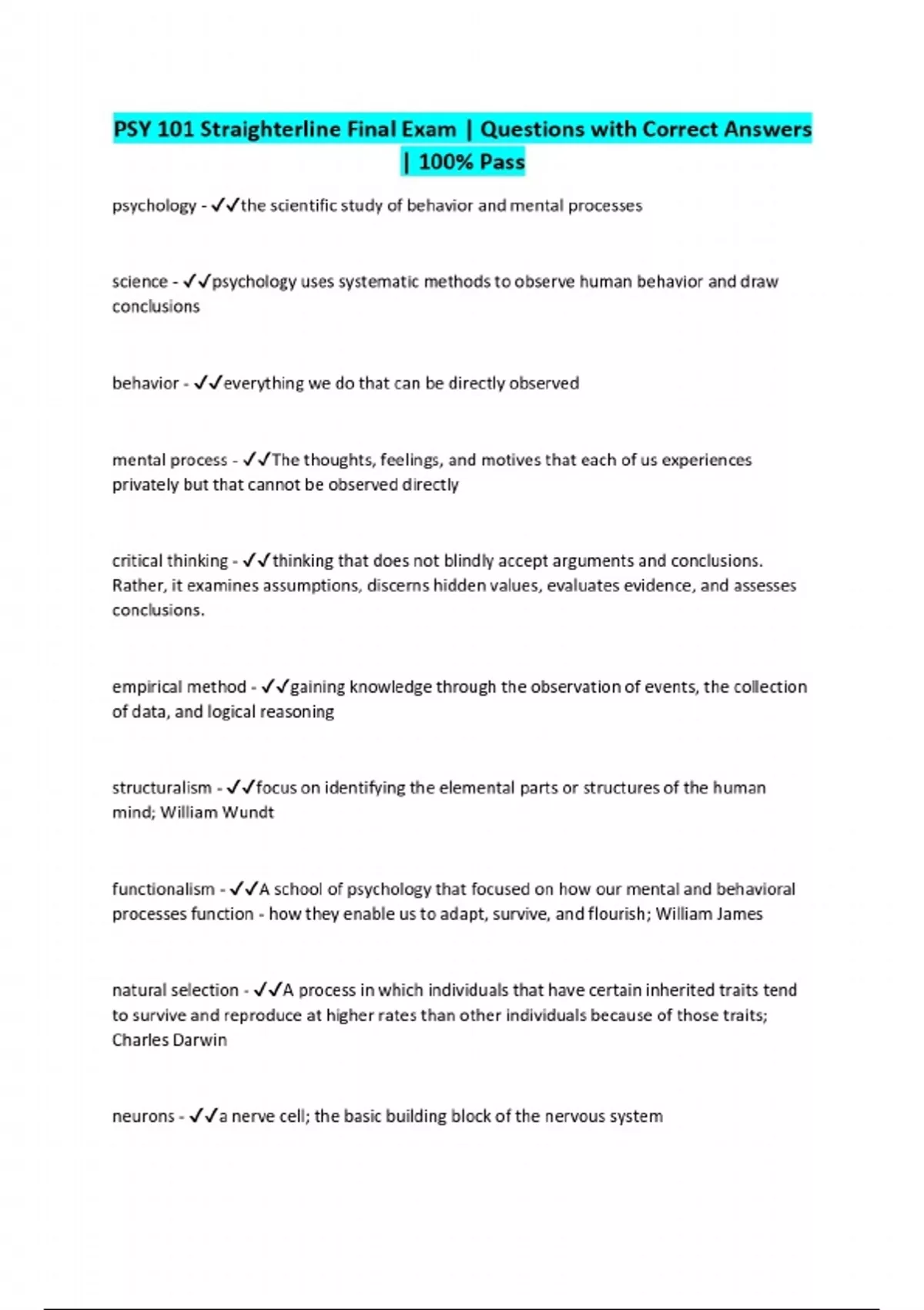 PSY 101 Straighterline Final Exam | Questions with Correct Answers ...