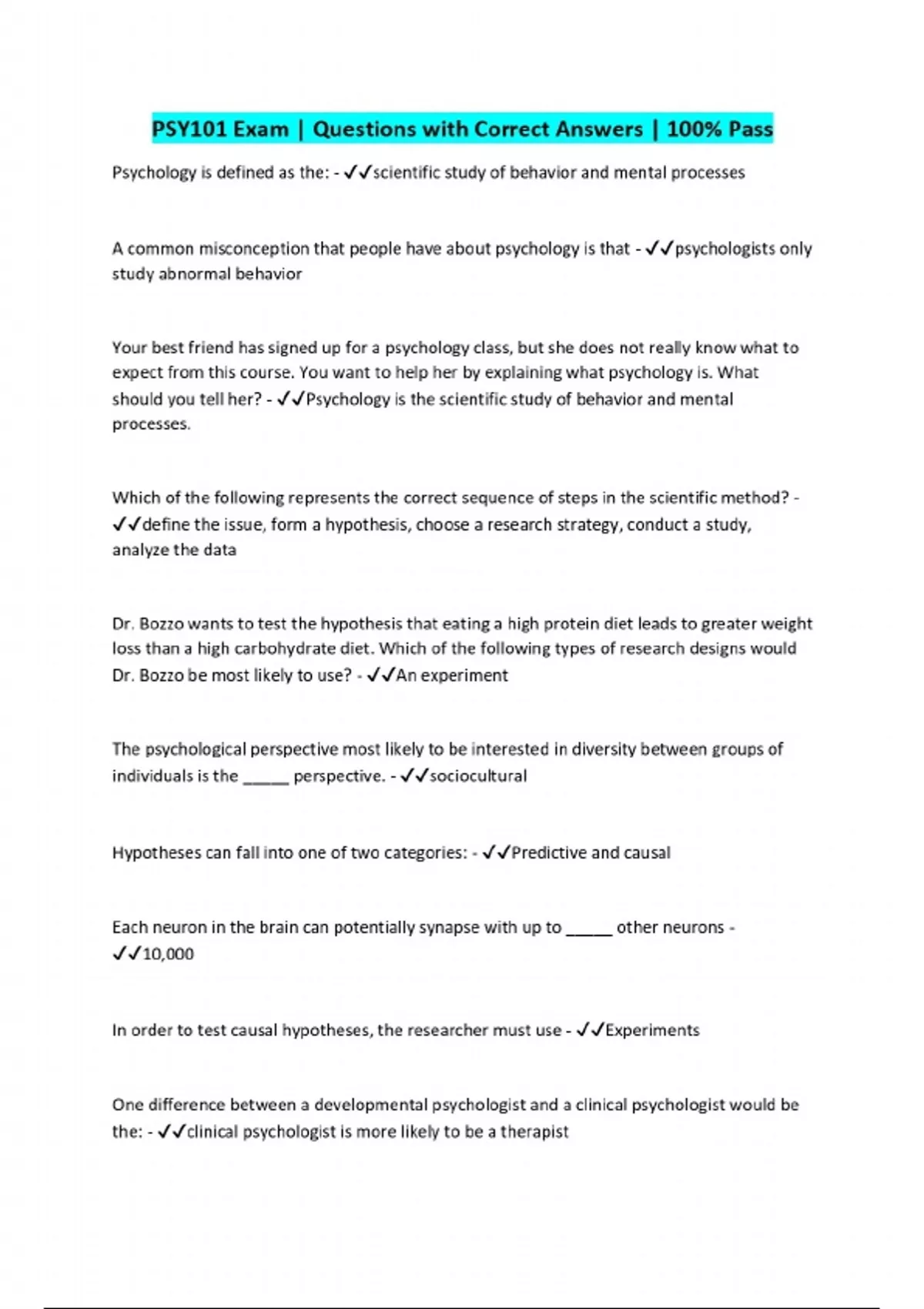 PSY101 Exam | Questions with Correct Answers | 100% Pass - PSY 101 ...