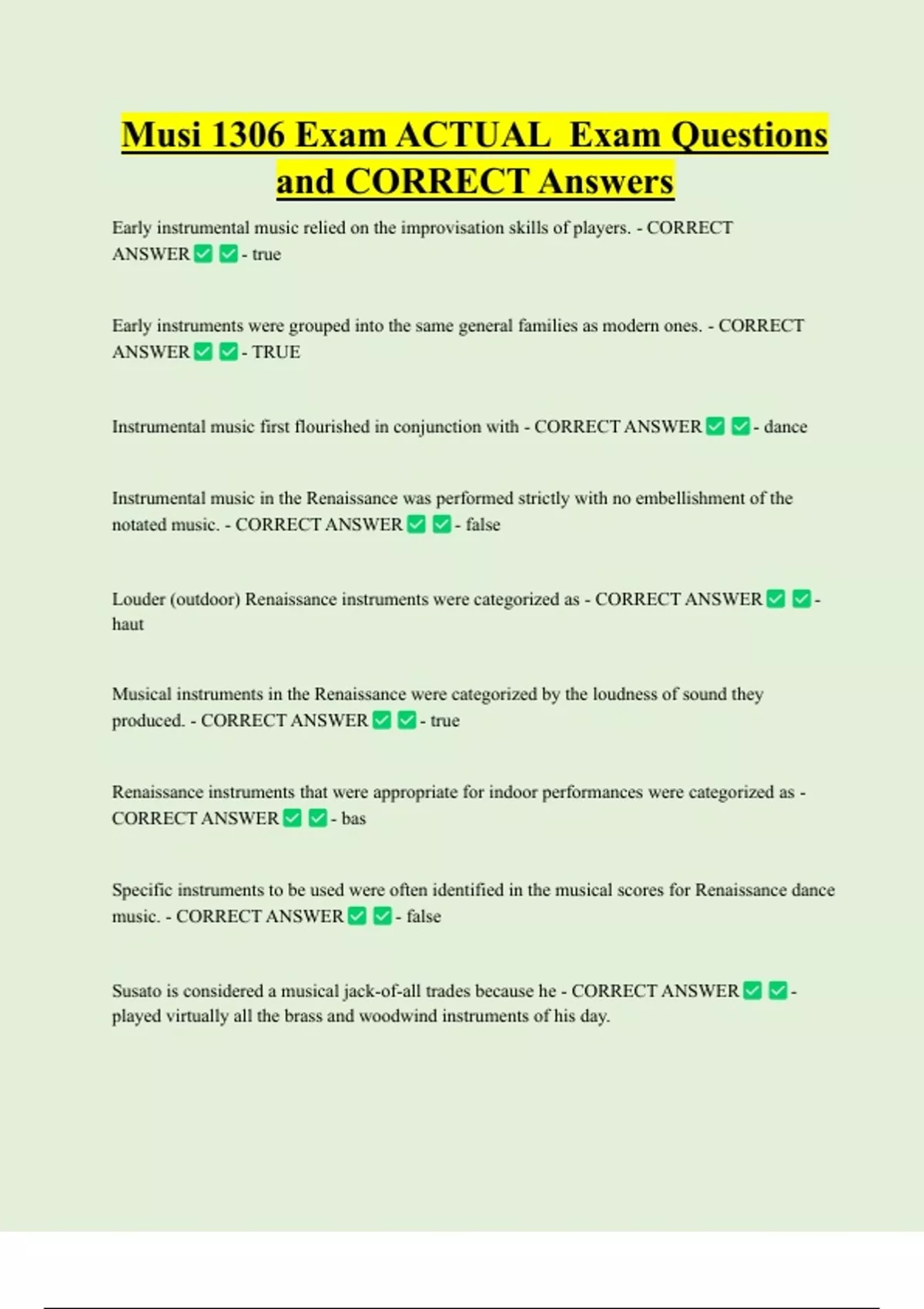 Musi 1306 Exam ACTUAL Exam Questions and CORRECT Answers - MUSI - Stuvia US