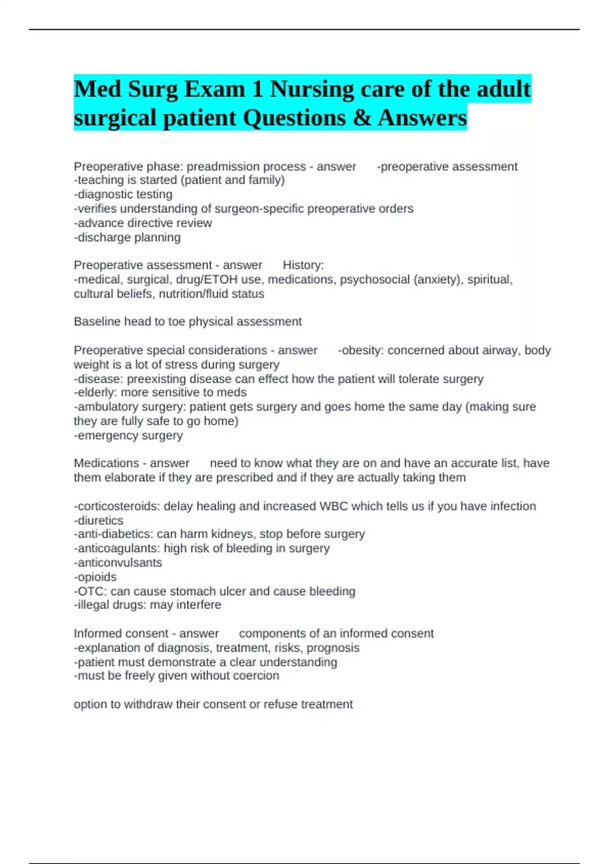 Med Surg Exam 1 Nursing care of the adult surgical patient Questions ...