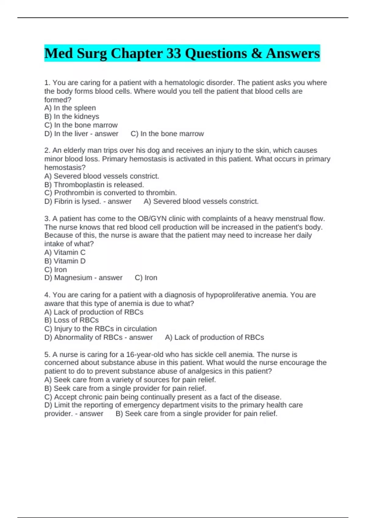 Med Surg Chapter 33 Questions & Answers - MED SURG - Stuvia US