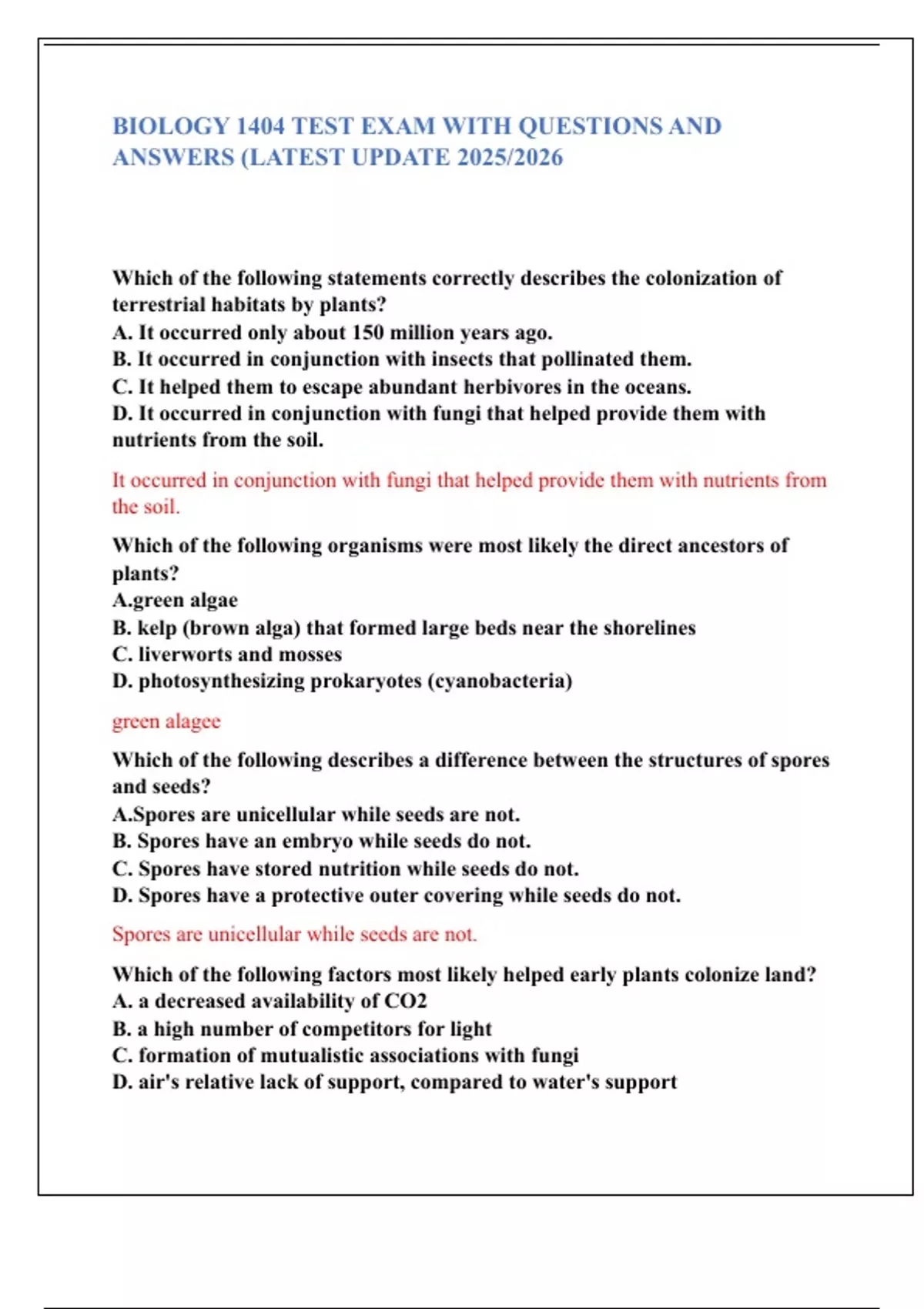 BIOLOGY 1404 TEST EXAM WITH QUESTIONS AND ANSWERS (LATEST UPDATE 2025/ ...