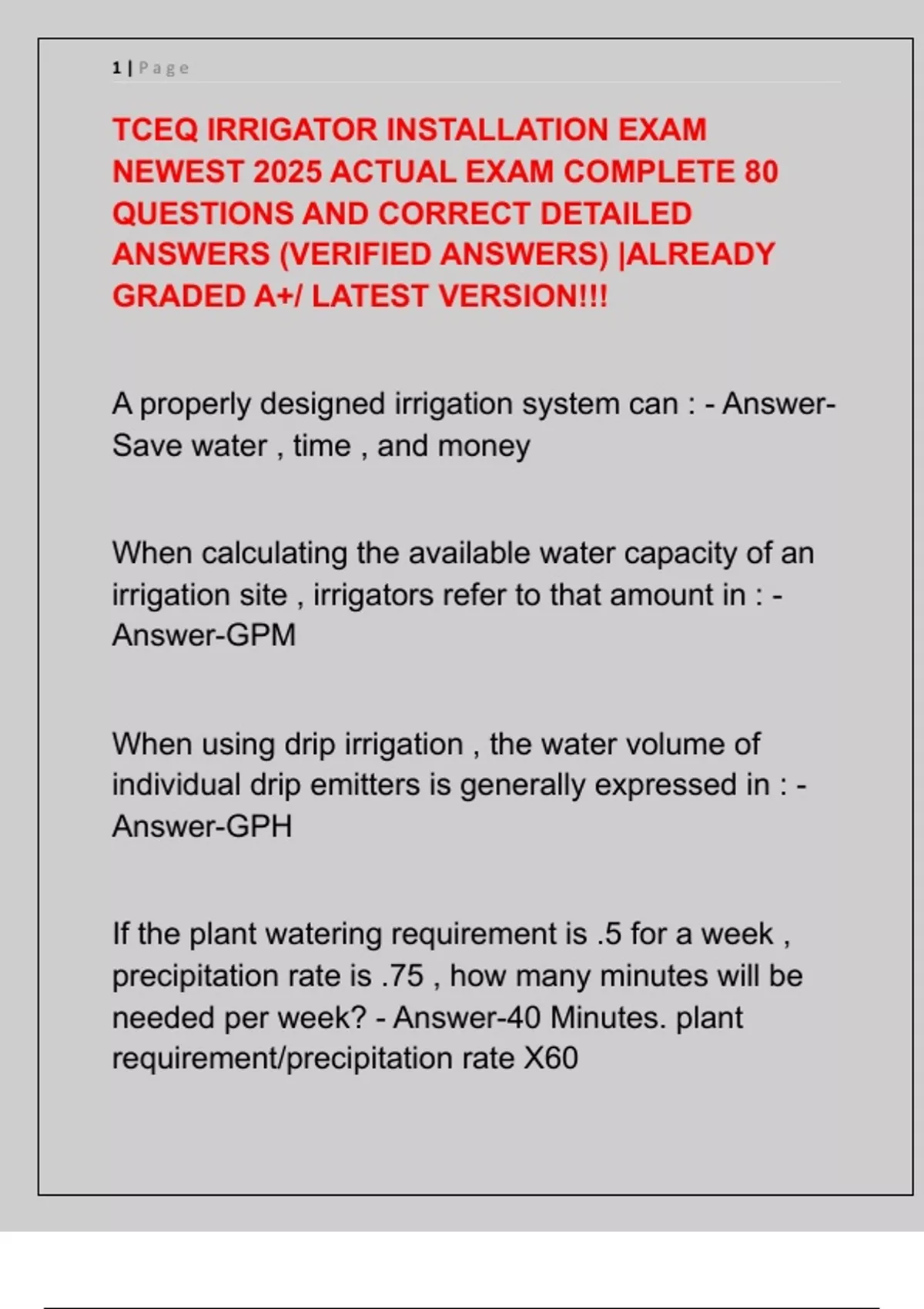 Tceq Rata Testing TCEQ IRRIGATOR INSTALLATION EXAM NEWEST 2025 ACTUAL EXAM COMPLETE 80 ...