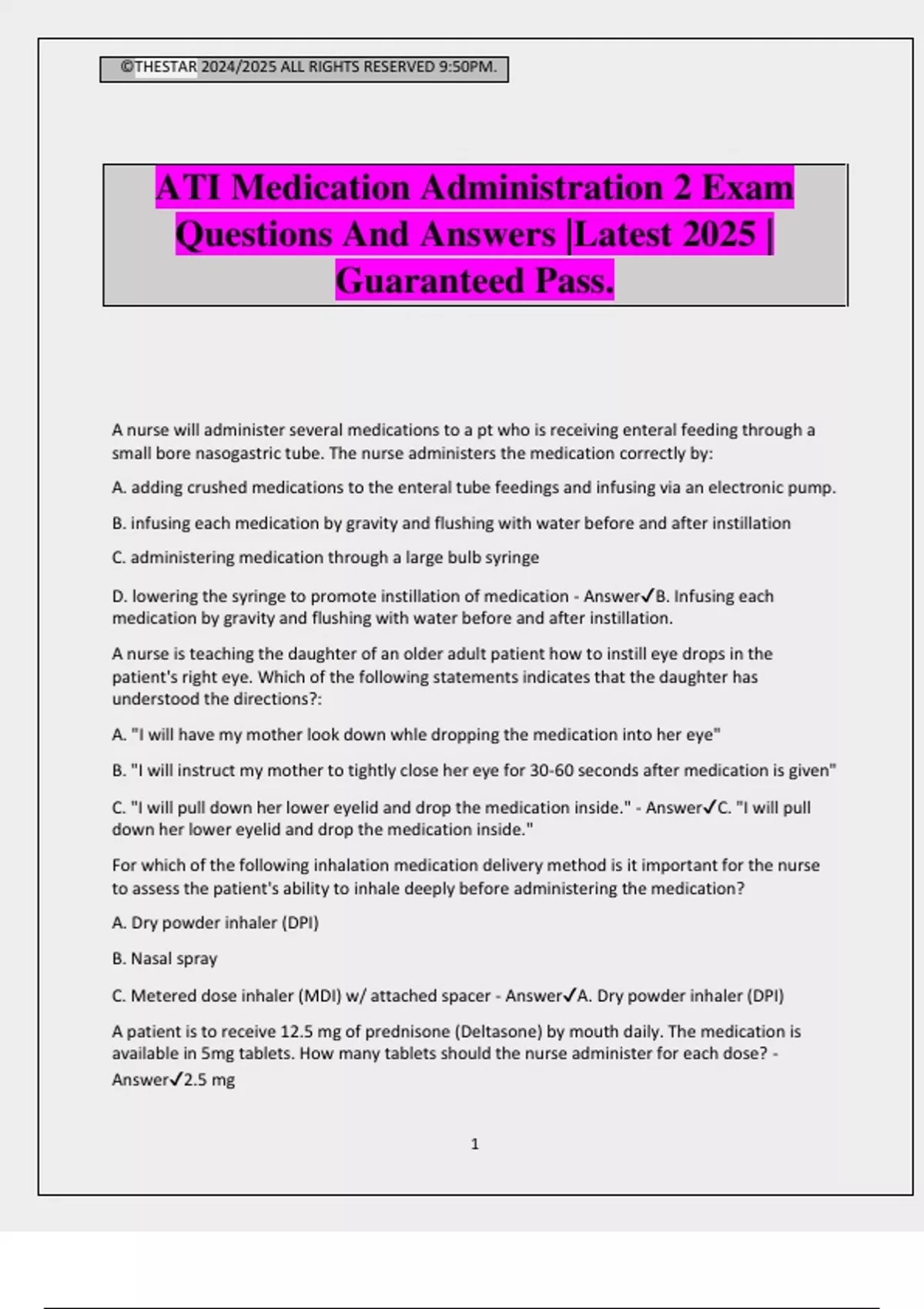 ATI Medication Administration 2 Exam Questions And Answers |Latest 2025 ...