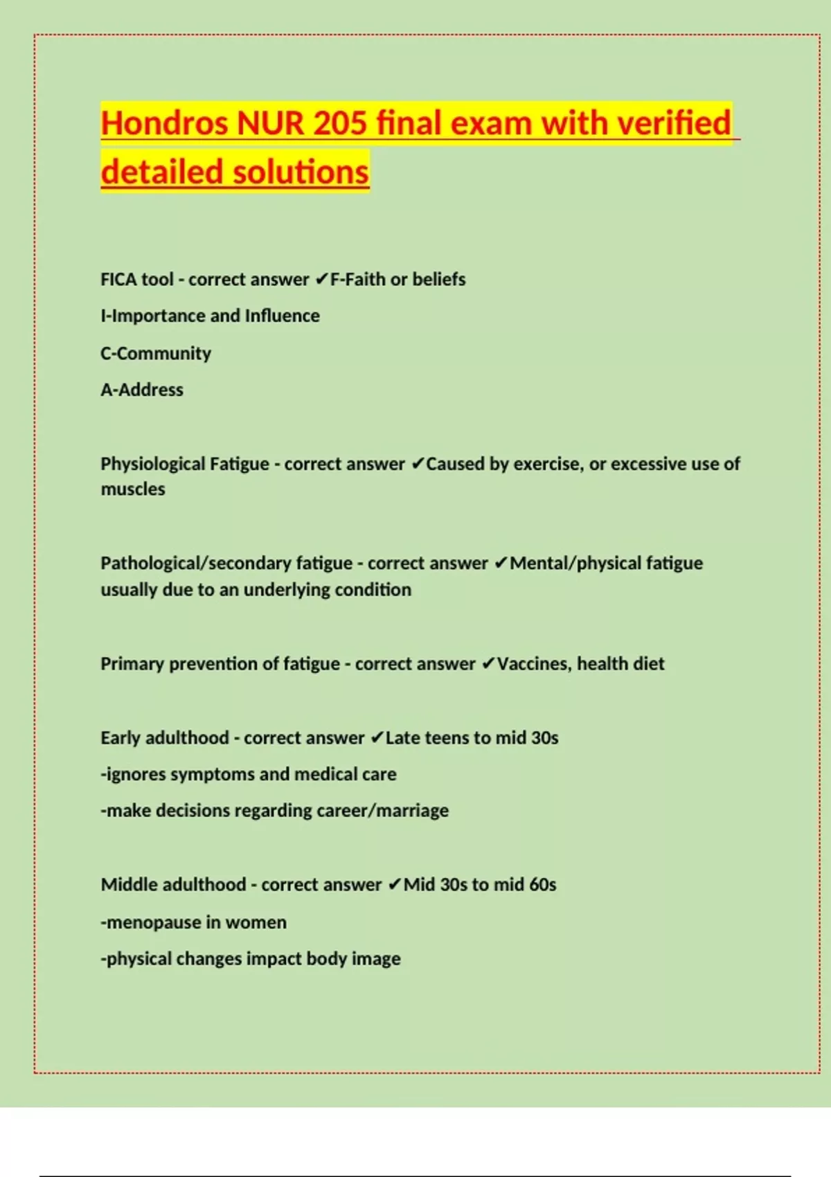 Hondros NUR 205 final exam with verified detailed solutions - NUR 205 ...