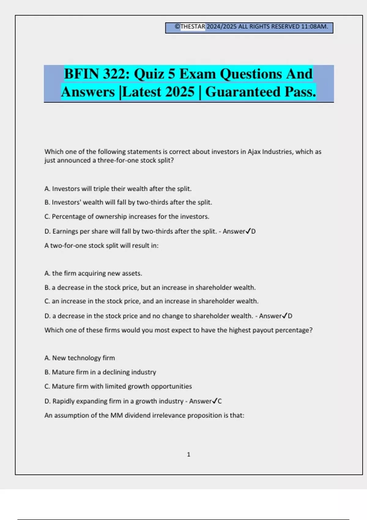 BFIN 322: Quiz 5 Exam Questions And Answers |Latest 2025 | Guaranteed ...