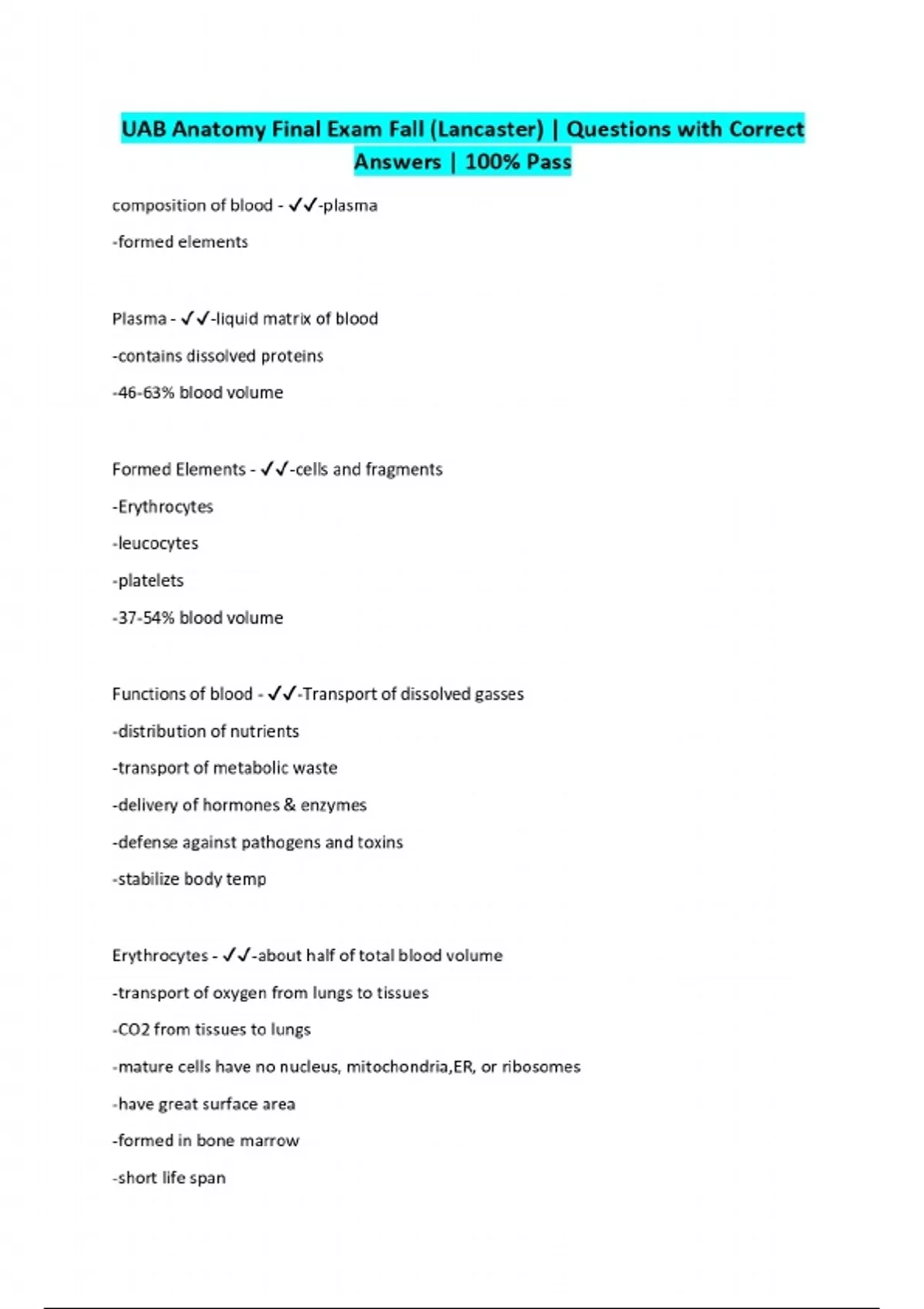 UAB Anatomy Final Exam Fall (Lancaster) | Questions with Correct ...