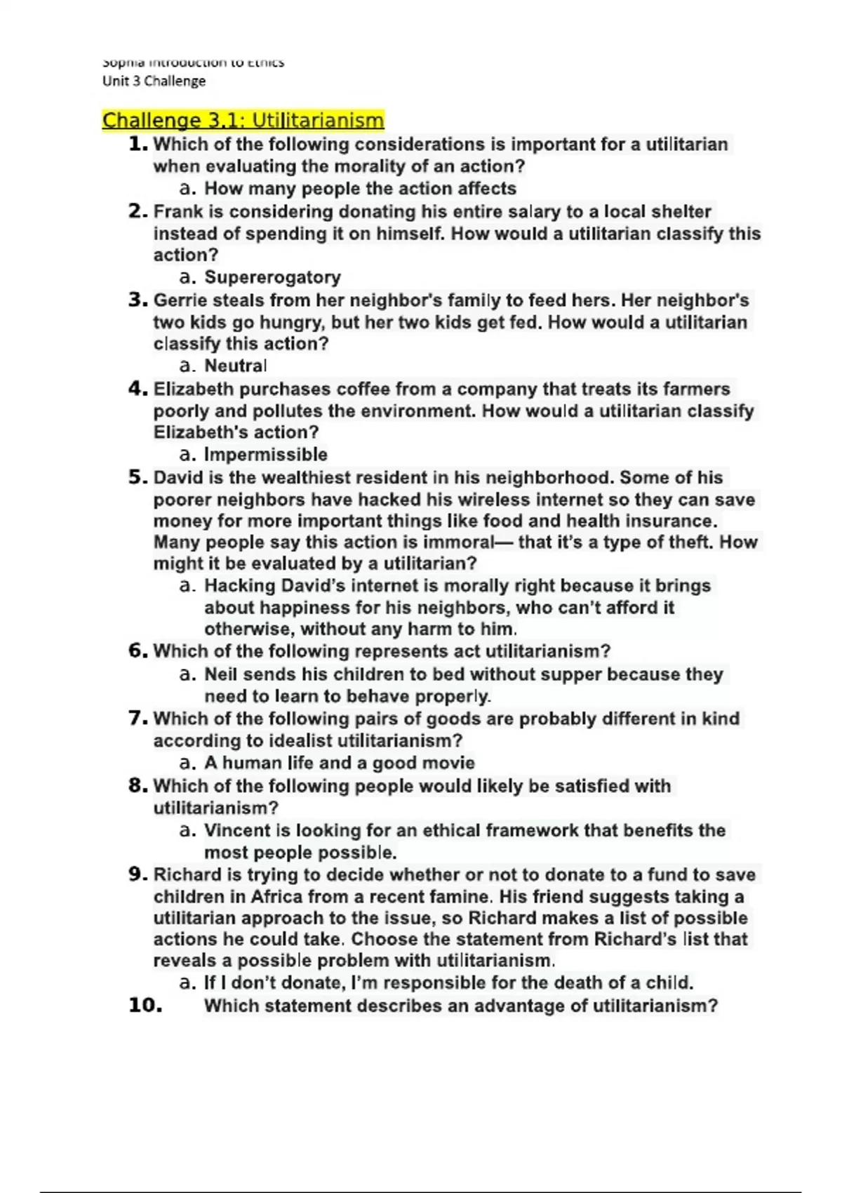 Sophia Introduction to Ethics unit 3 challenge Answers with complete ...