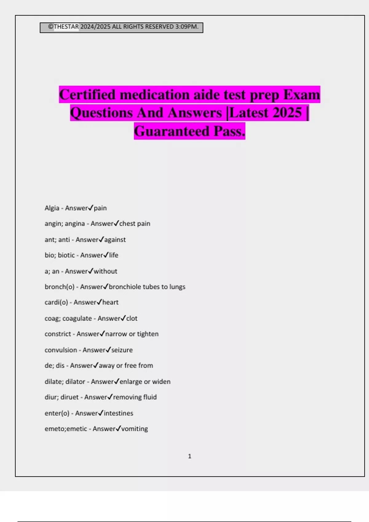 Certified Medication Aide Test Prep Exam Questions And Answers Latest