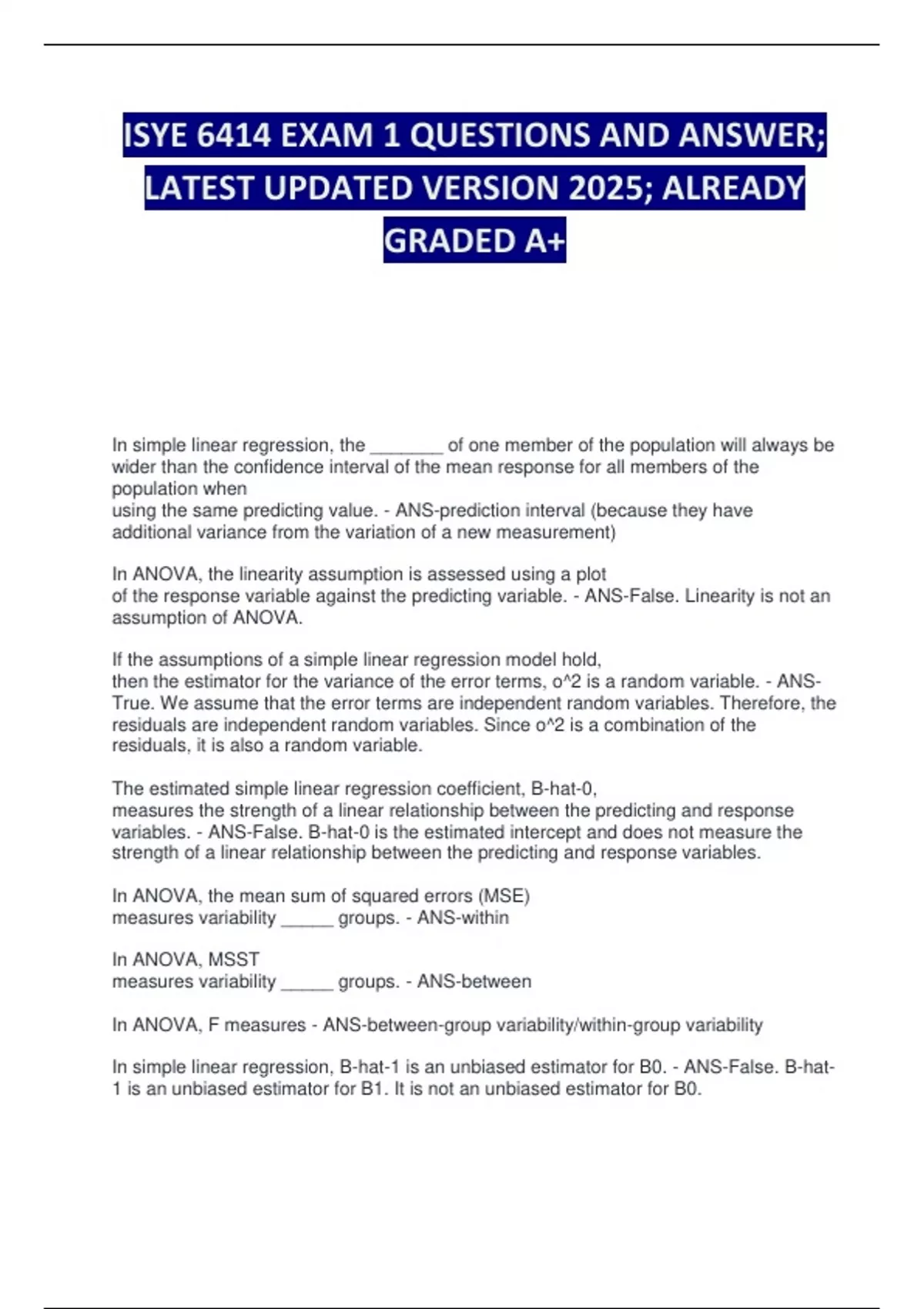 ISYE 6414 EXAM 1 QUESTIONS AND ANSWER; LATEST UPDATED VERSION 2025 ...