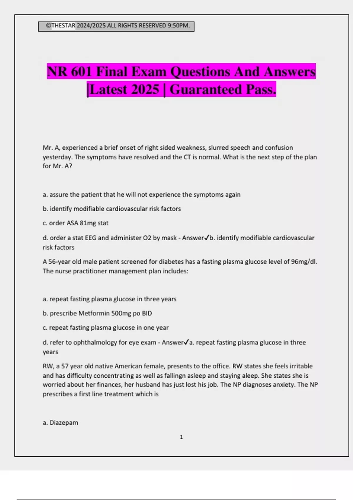 NR 601 Final Exam Questions And Answers |Latest 2025 | Guaranteed Pass ...