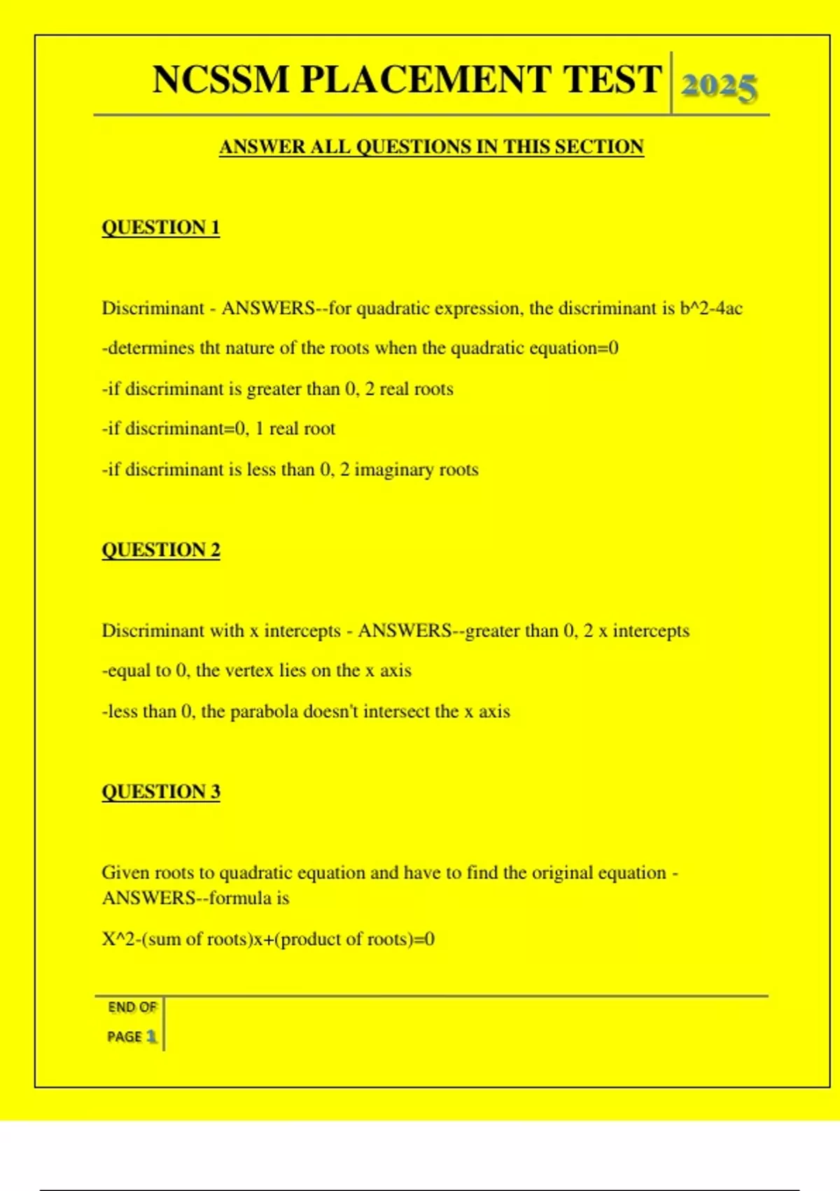 Ncssm Math Assessment Example Questions NCSSM PLACEMENT TEST QUESTIONS AND ANSWERS 2025 - NCSSM PLACEMENT ...