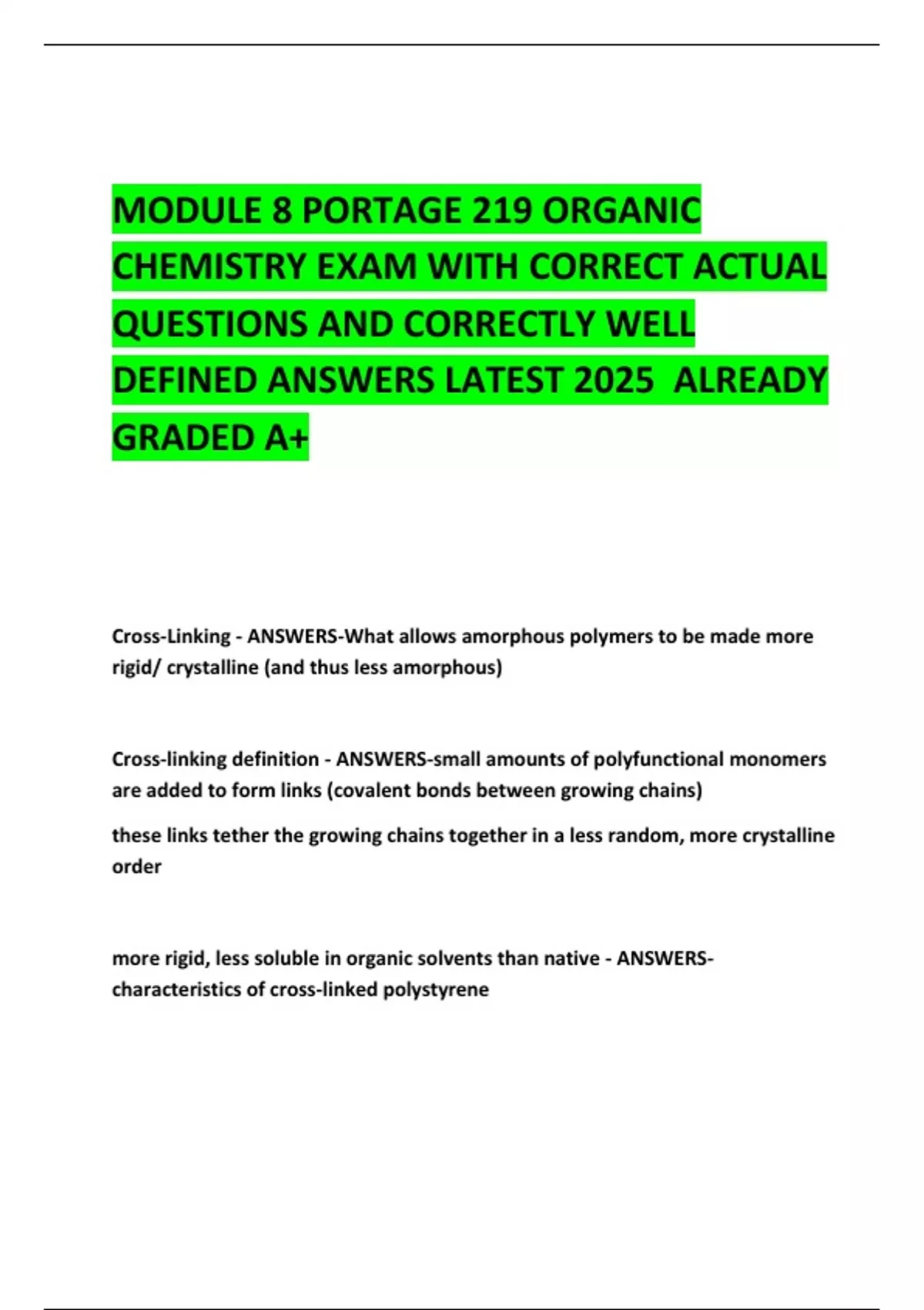 Orgo Module 8 Study Guide MODULE 8 PORTAGE 219 ORGANIC CHEMISTRY EXAM WITH CORRECT ACTUAL ...
