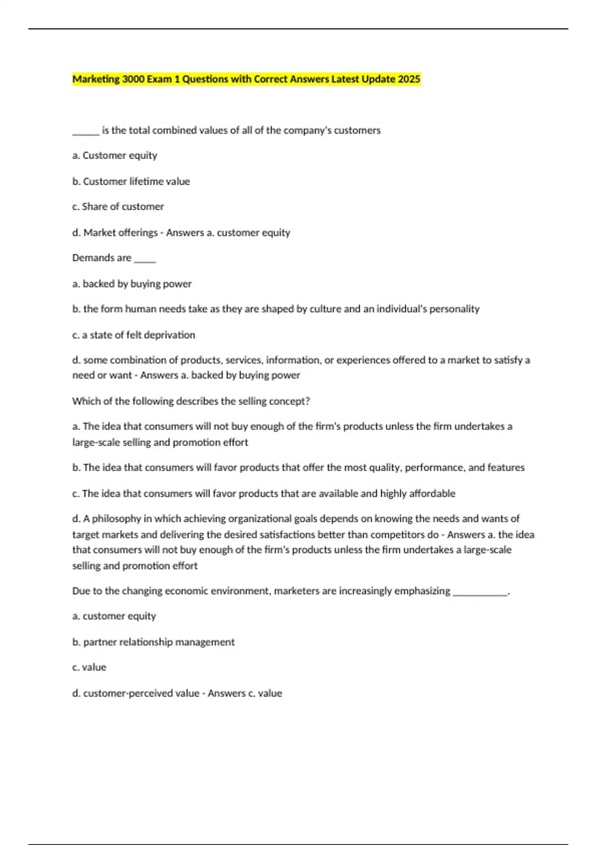 Marketing 3000 Exam 1 Questions with Correct Answers Latest Update 2025 ...