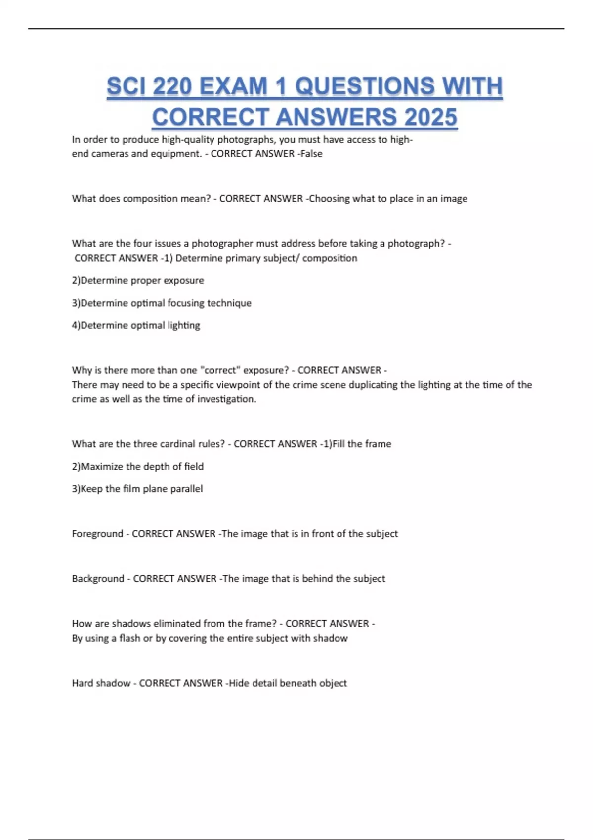 SCI 220 EXAM 1 QUESTIONS WITH CORRECT ANSWERS 2025 - SCI220 - Stuvia US