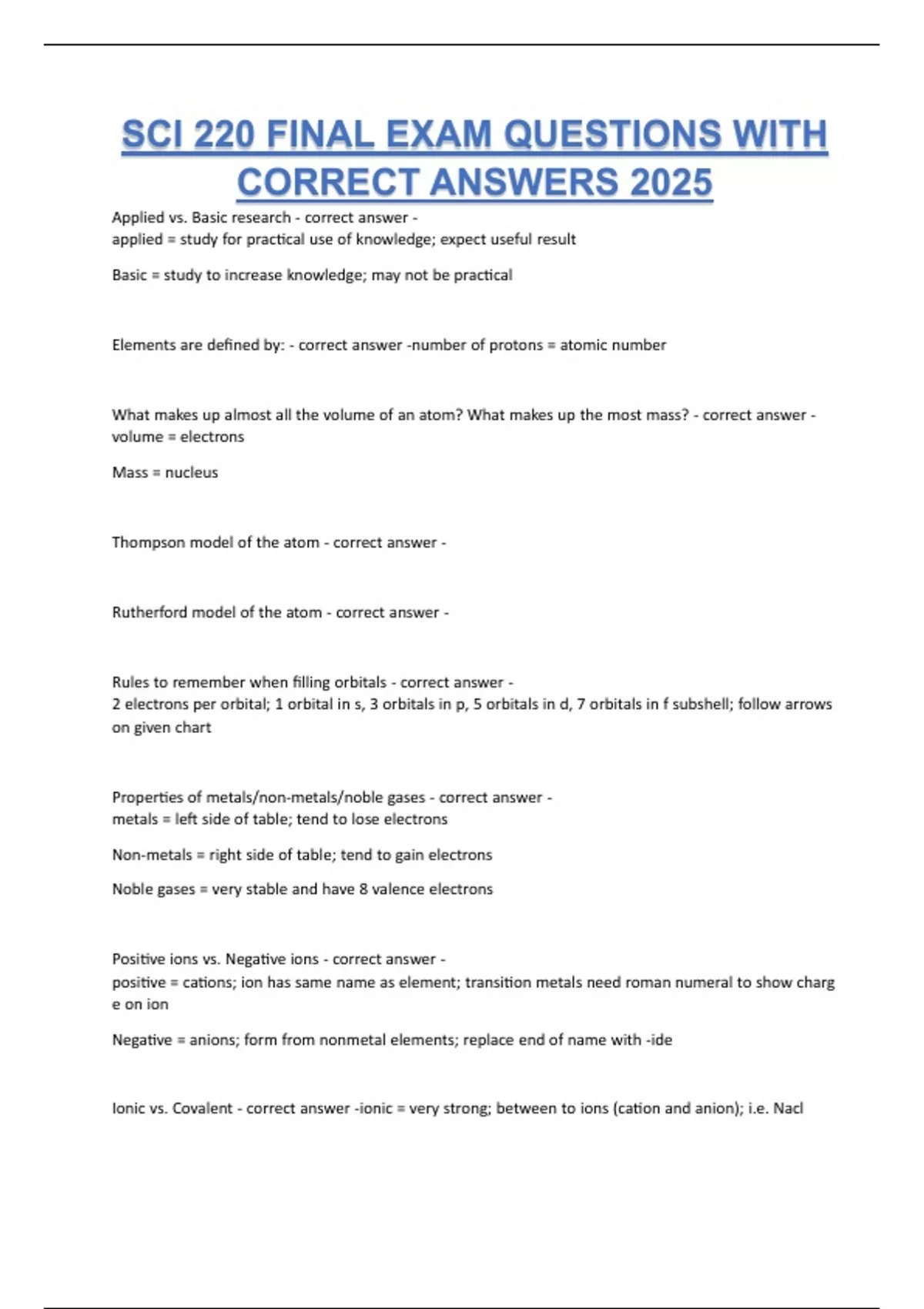 SCI 220 FINAL EXAM QUESTIONS WITH CORRECT ANSWERS 2025 - SCI220 - Stuvia US