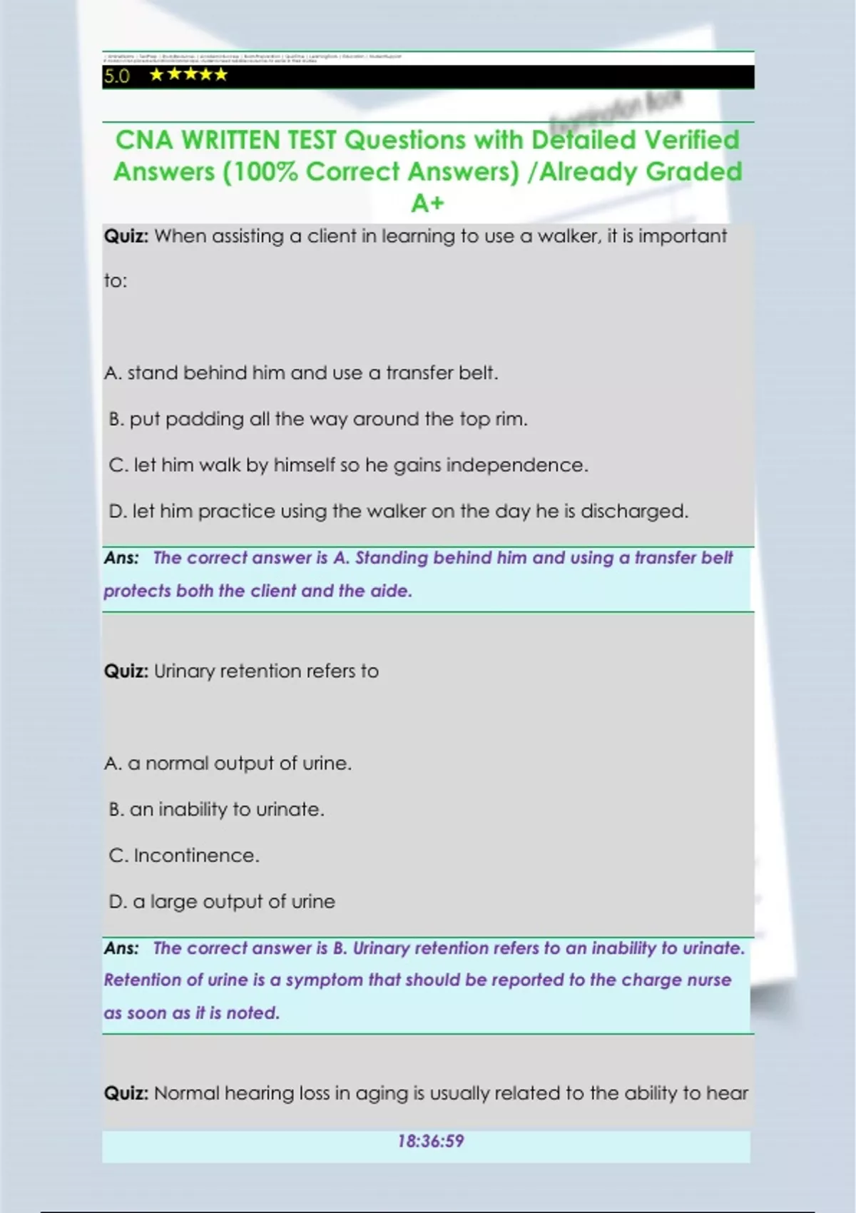 Cna Written Test Questions With Detailed Verified Answers 100 Correct