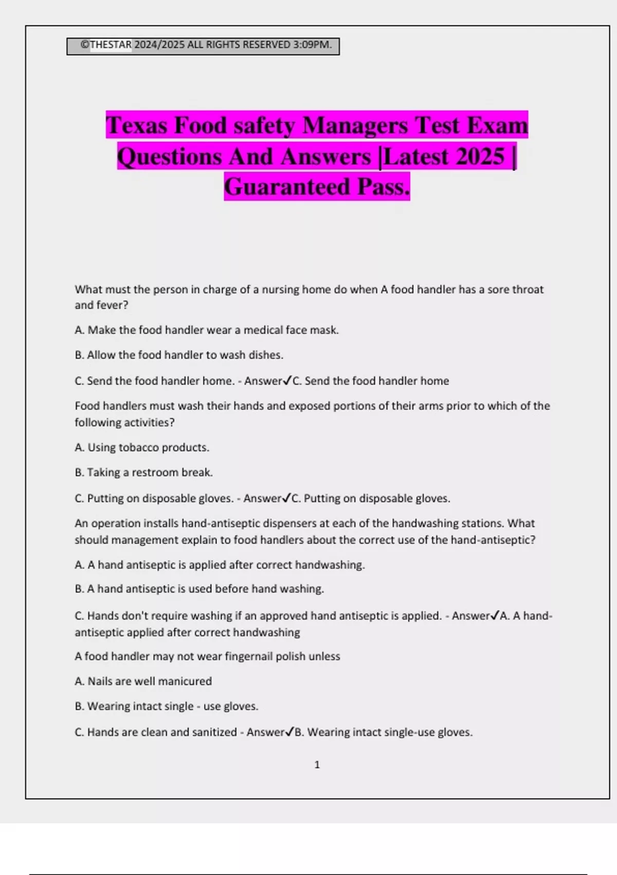 Texas Food safety Managers Test Exam Questions And Answers |Latest 2025 ...